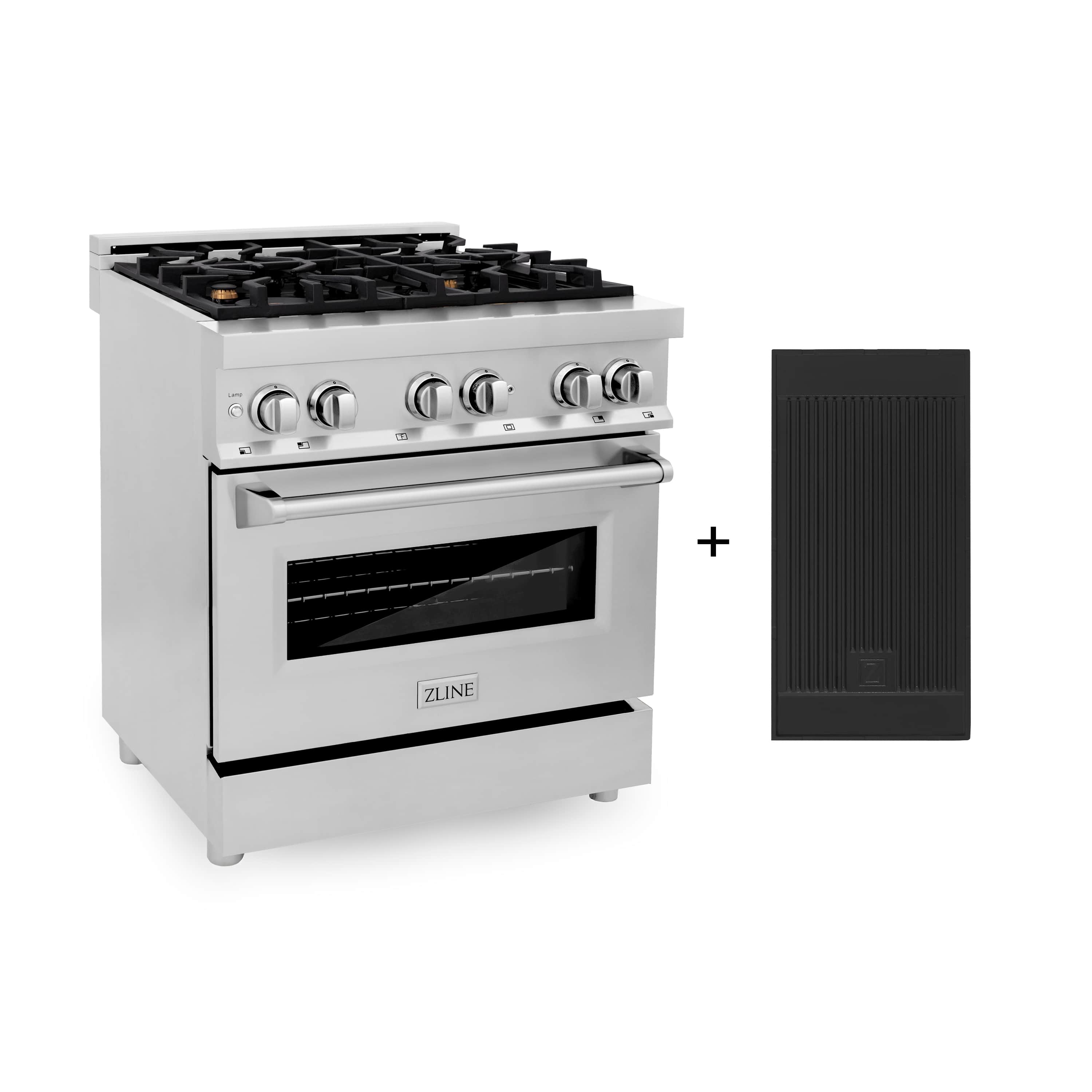 Stainless dual fuel range with four gas burners, griddle, and oven, front-left view