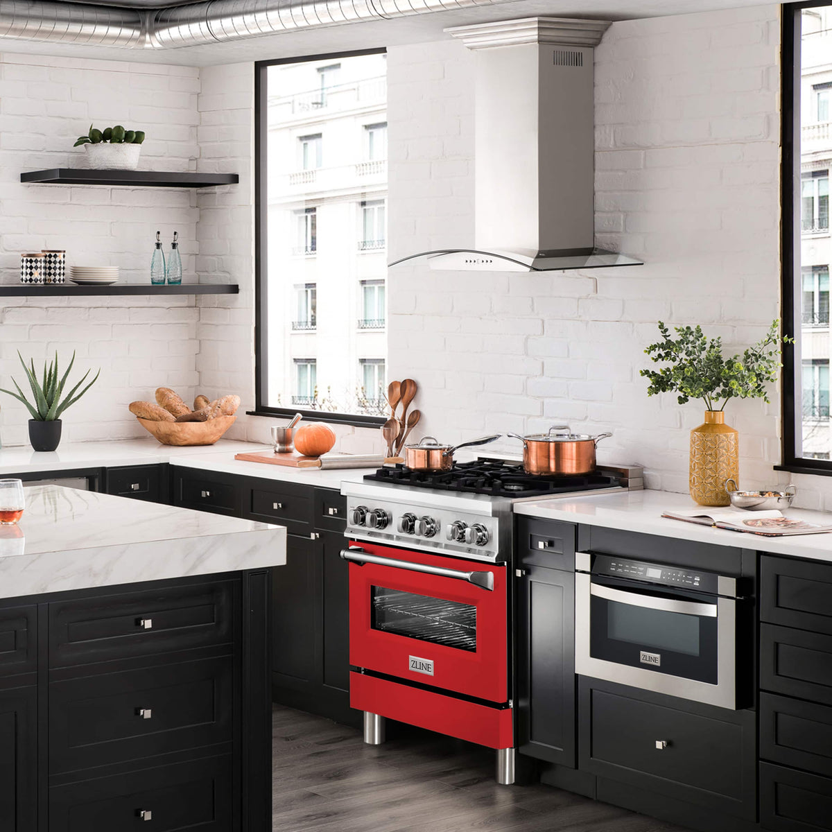 Black dual fuel range with red matte oven door, knobs, and gas burners