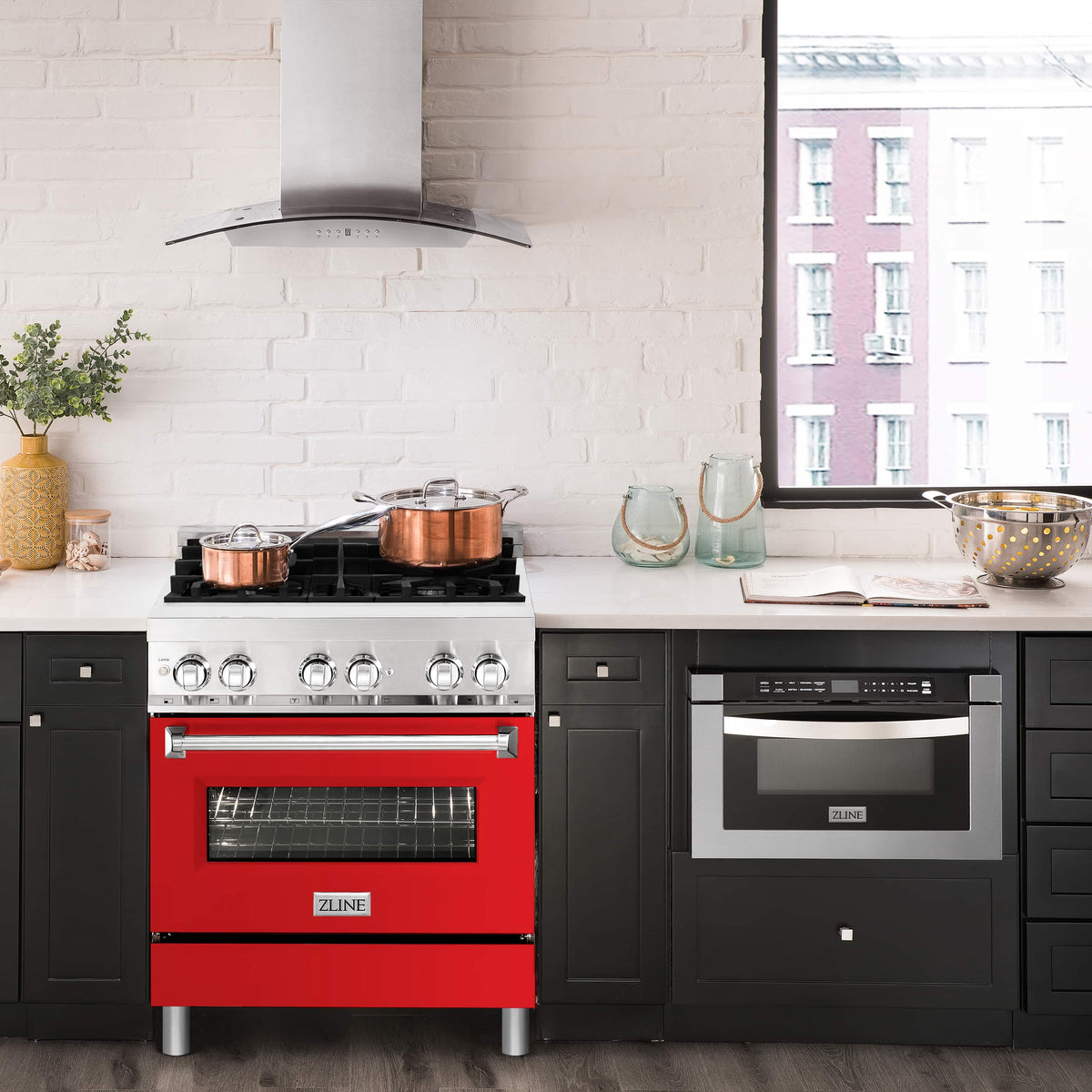 30-inch dual fuel range with red matte oven door, knob panel and gas burners