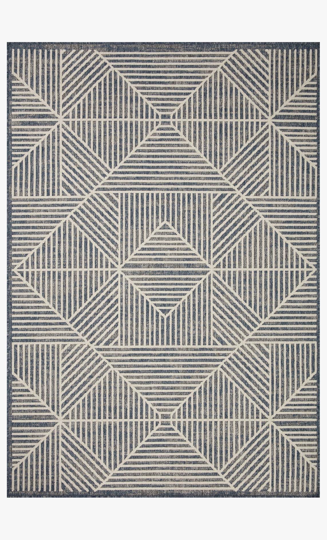Denim and ivory geometric indoor/outdoor rug with border, full rectangular view