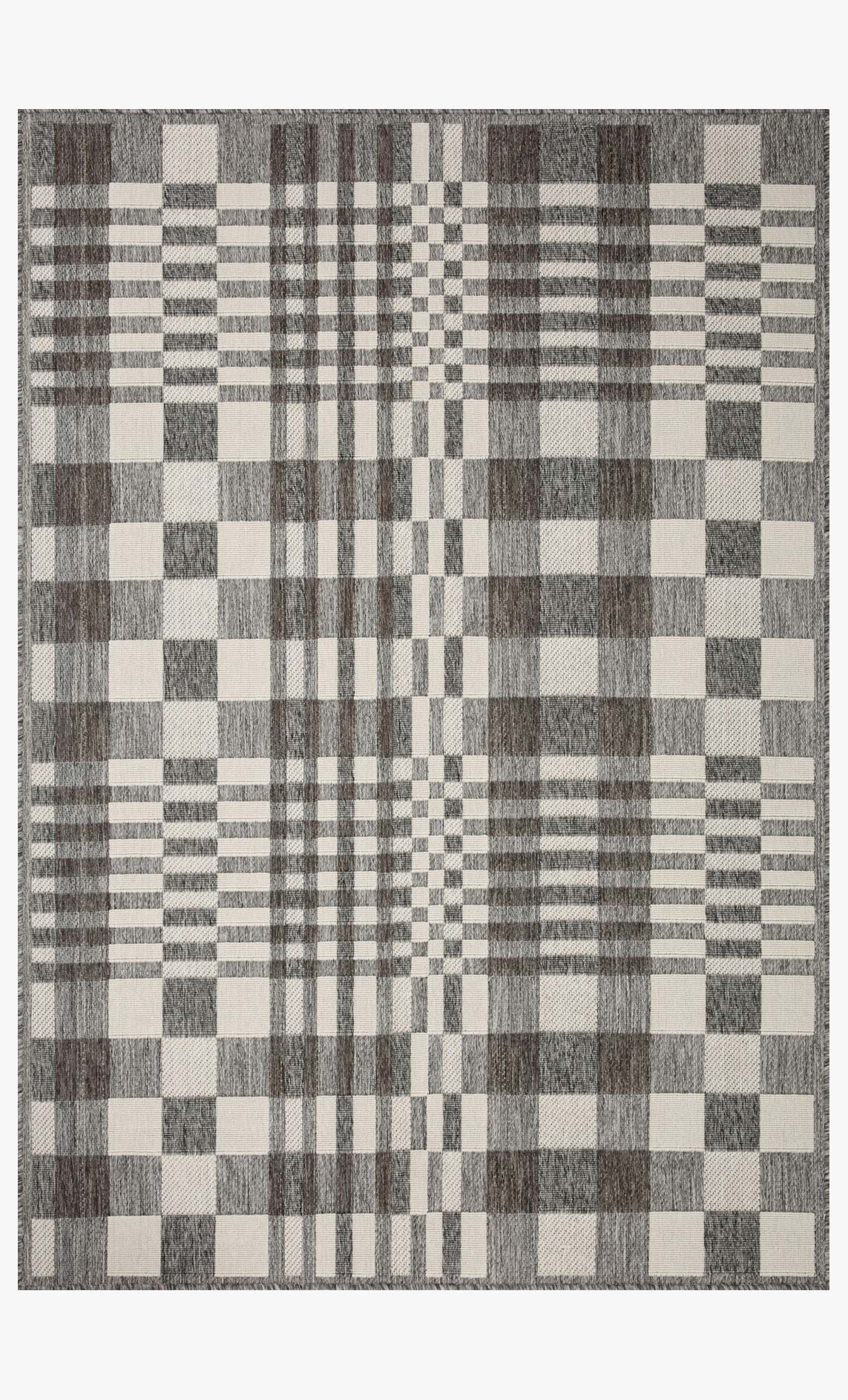 Indoor/outdoor power-loomed rug with ivory and pebble checkered pattern, flat woven look