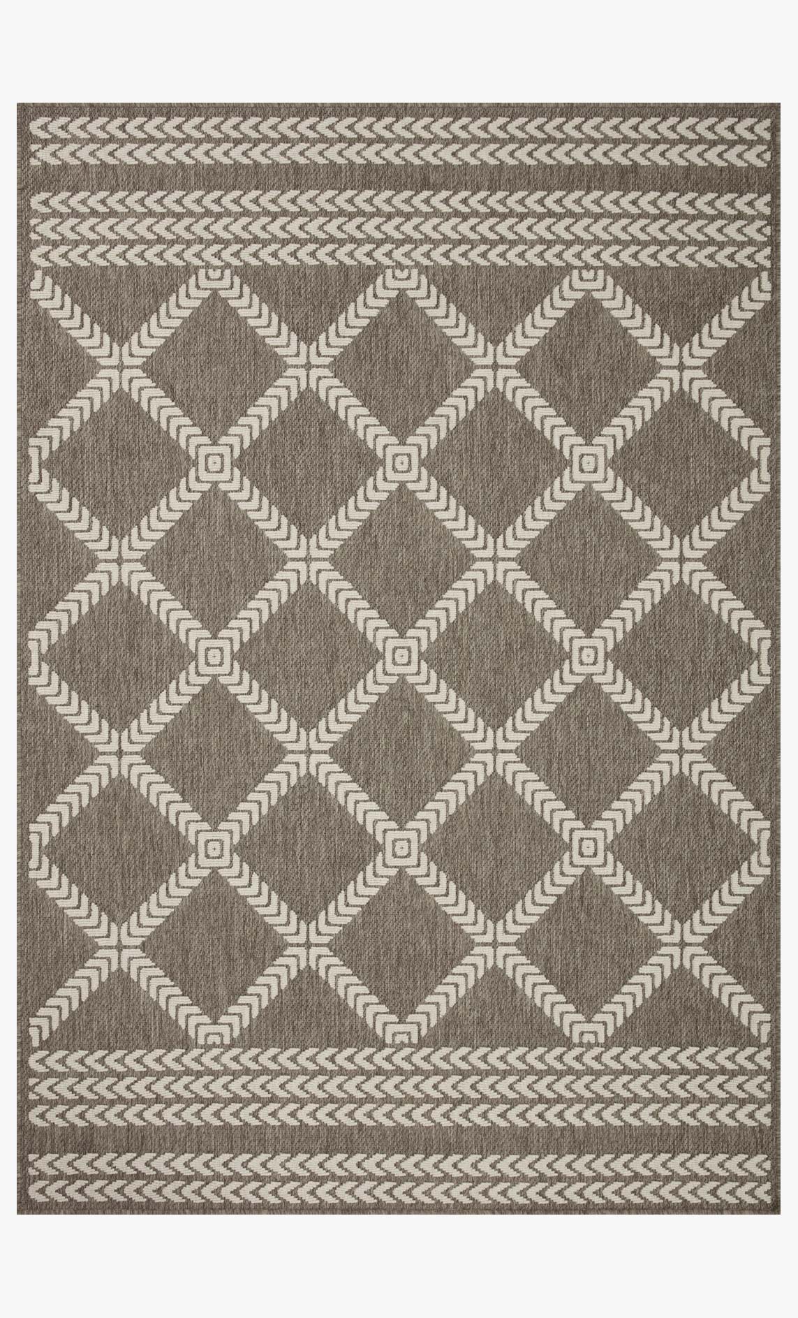 Indoor/outdoor rug with dark gray and ivory geometric diamond and border pattern