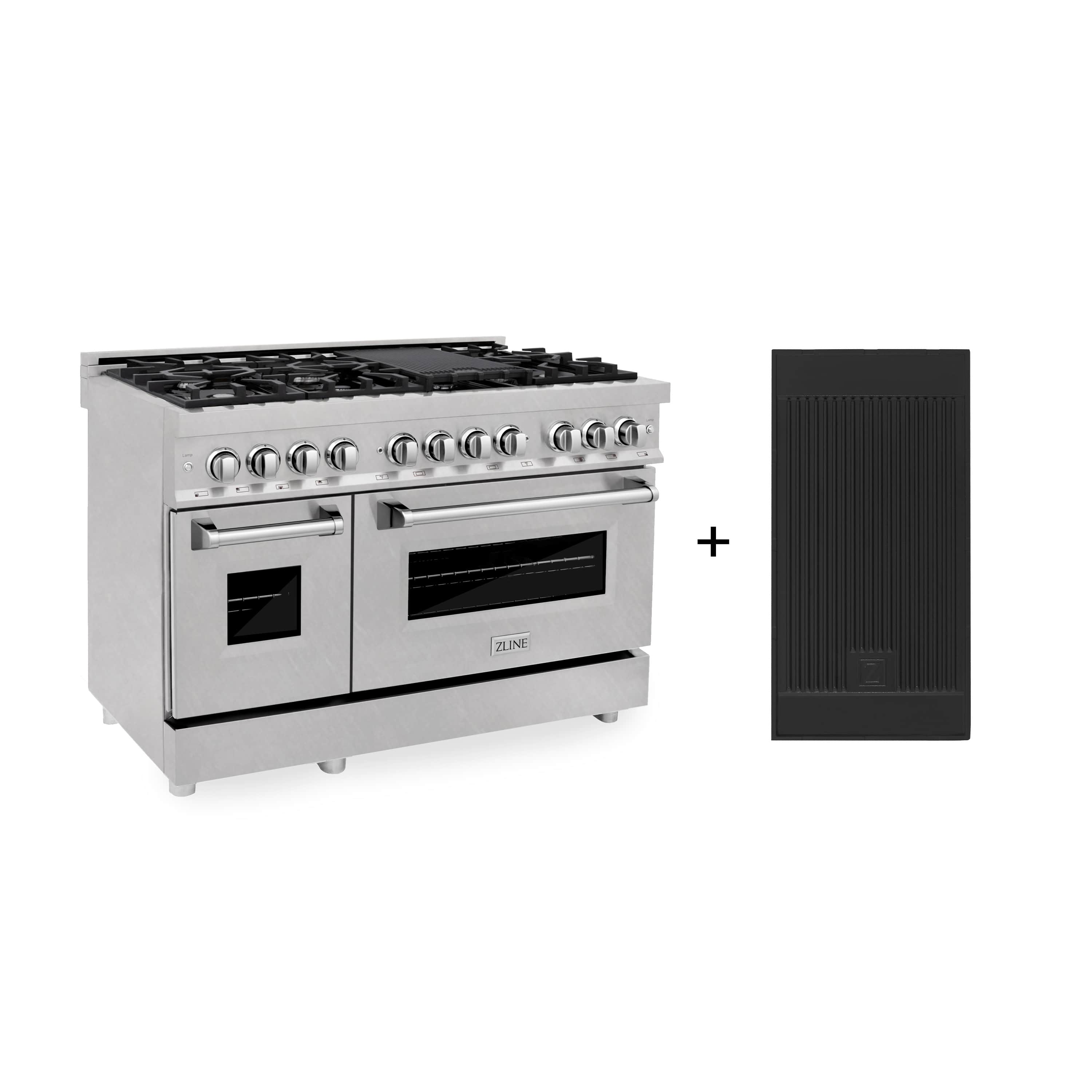 Stainless steel dual-fuel range with griddle and gas burners, electric oven below