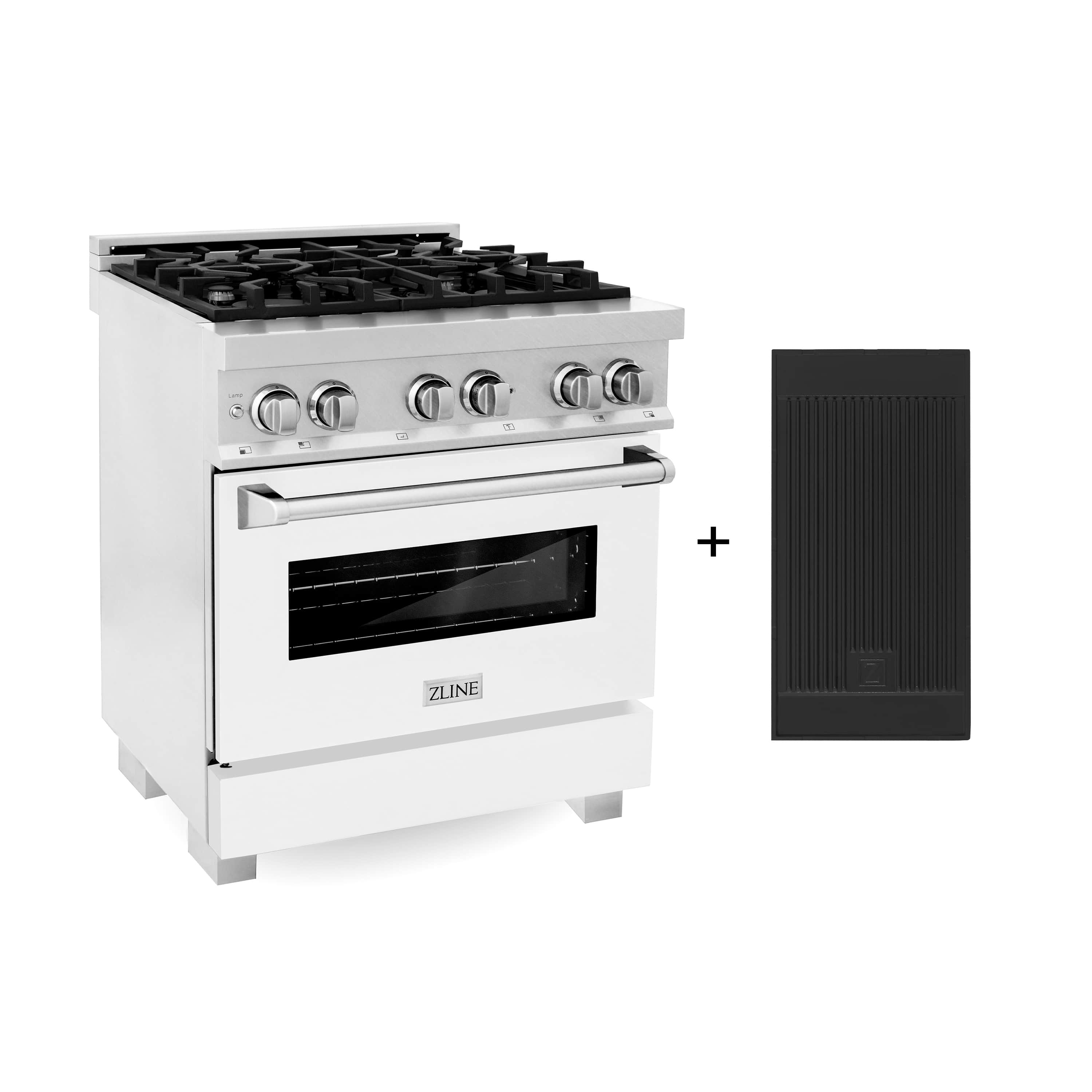 ZLINE dual-fuel range with gas cooktop and white matte oven door