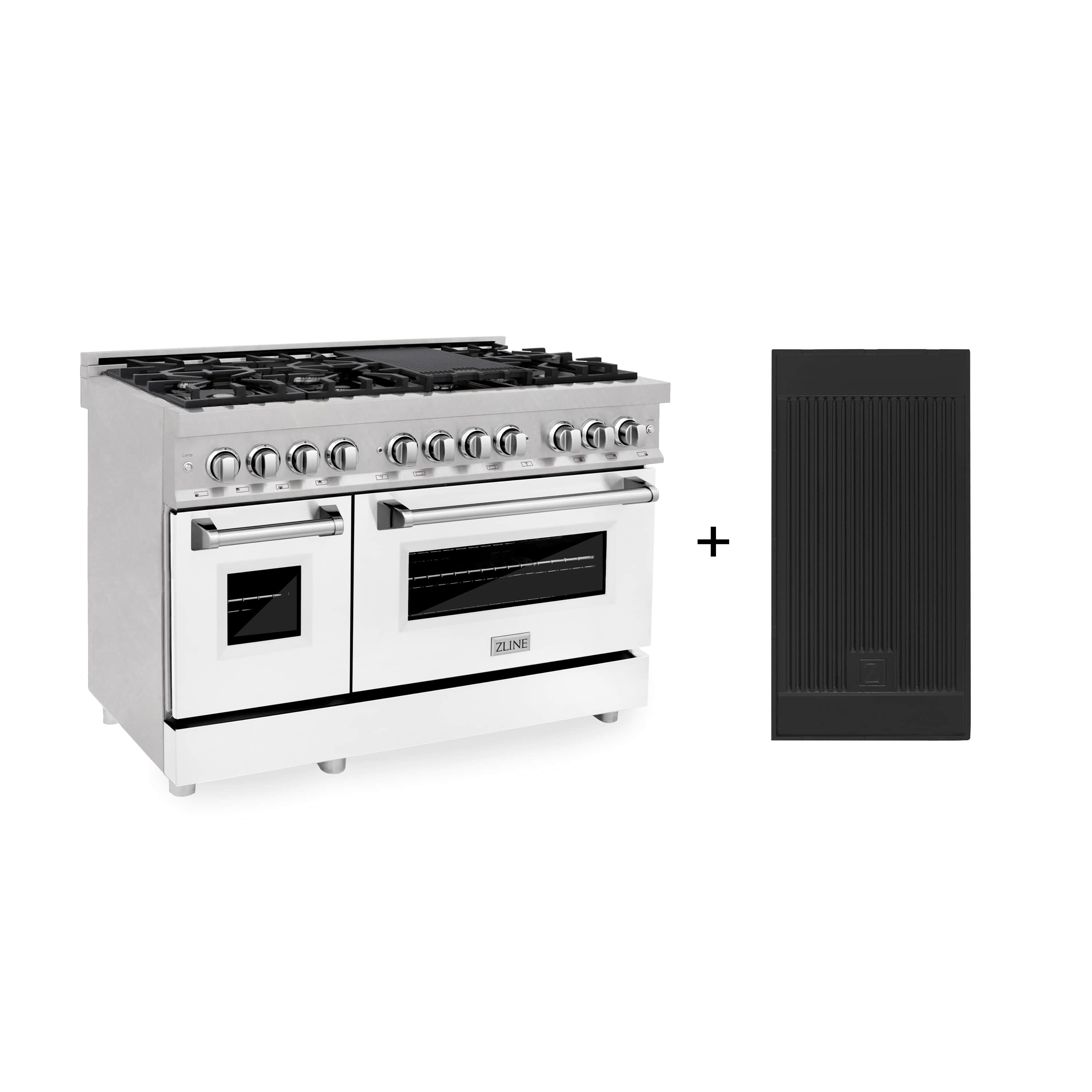 Stainless steel dual fuel range with black gas grates and white oven doors; control knobs