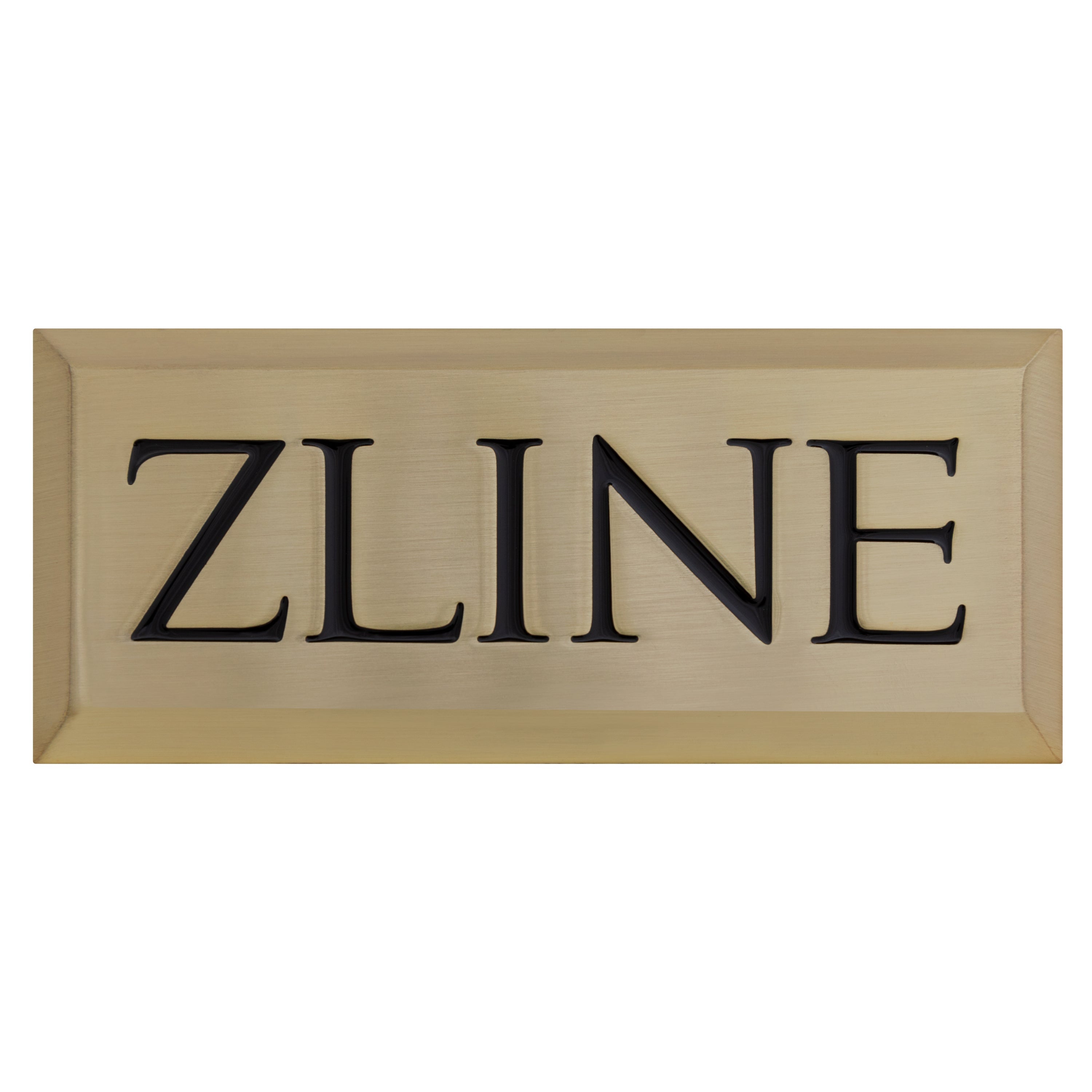 Champagne bronze ZLINE badge sample with raised letter logo on rectangular plate