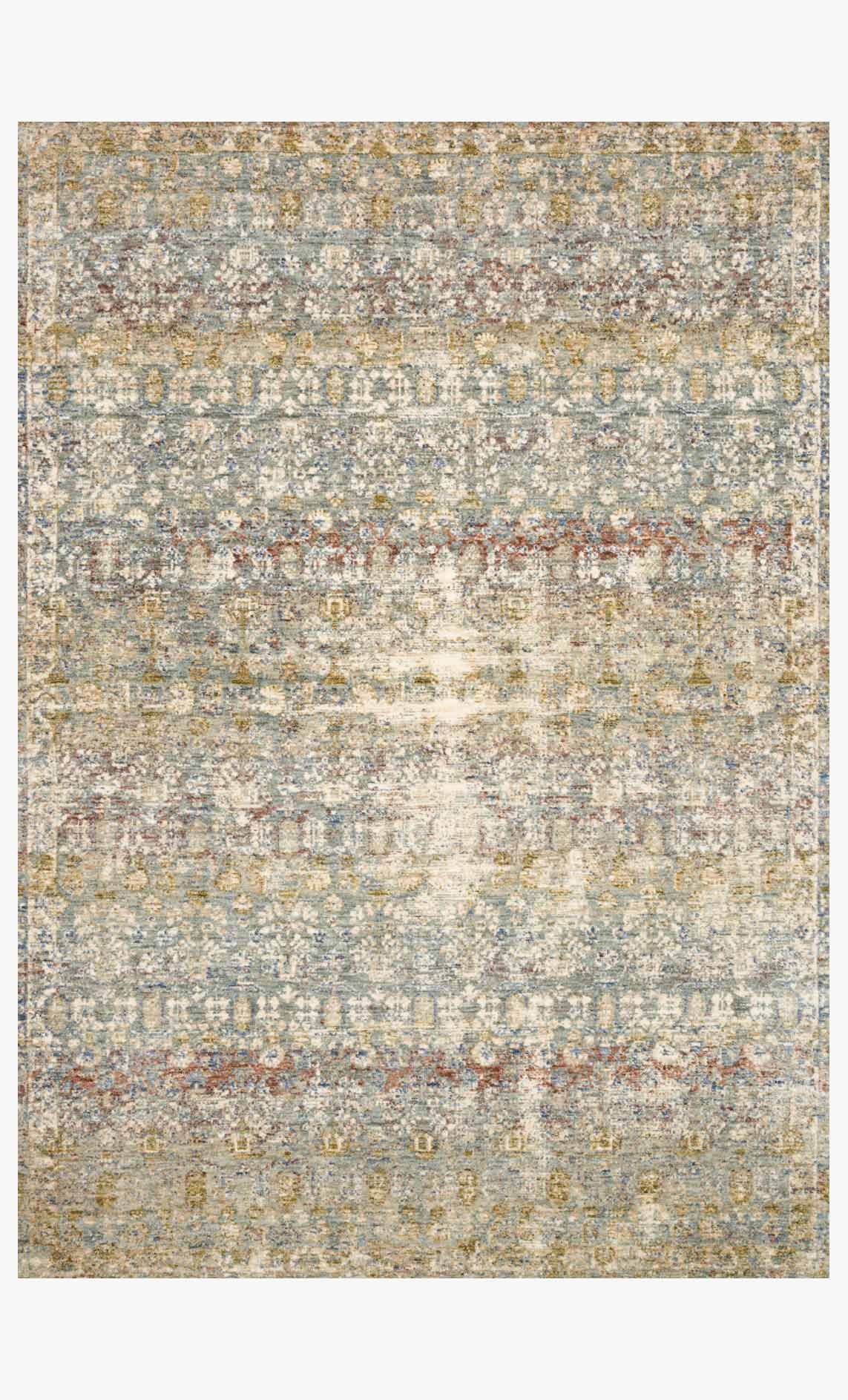 Traditional power loomed area rug with grey, beige, and rust speckled distressed pattern