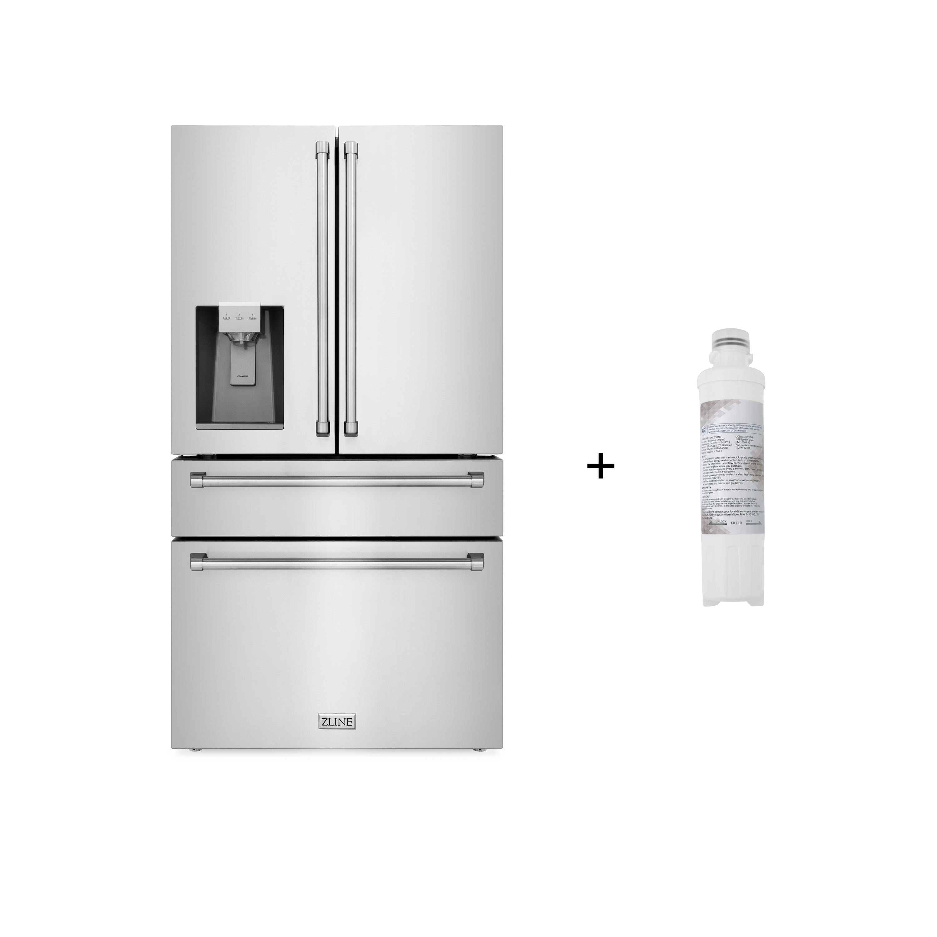 Fingerprint-resistant stainless steel French door fridge with water/ice dispenser and filter