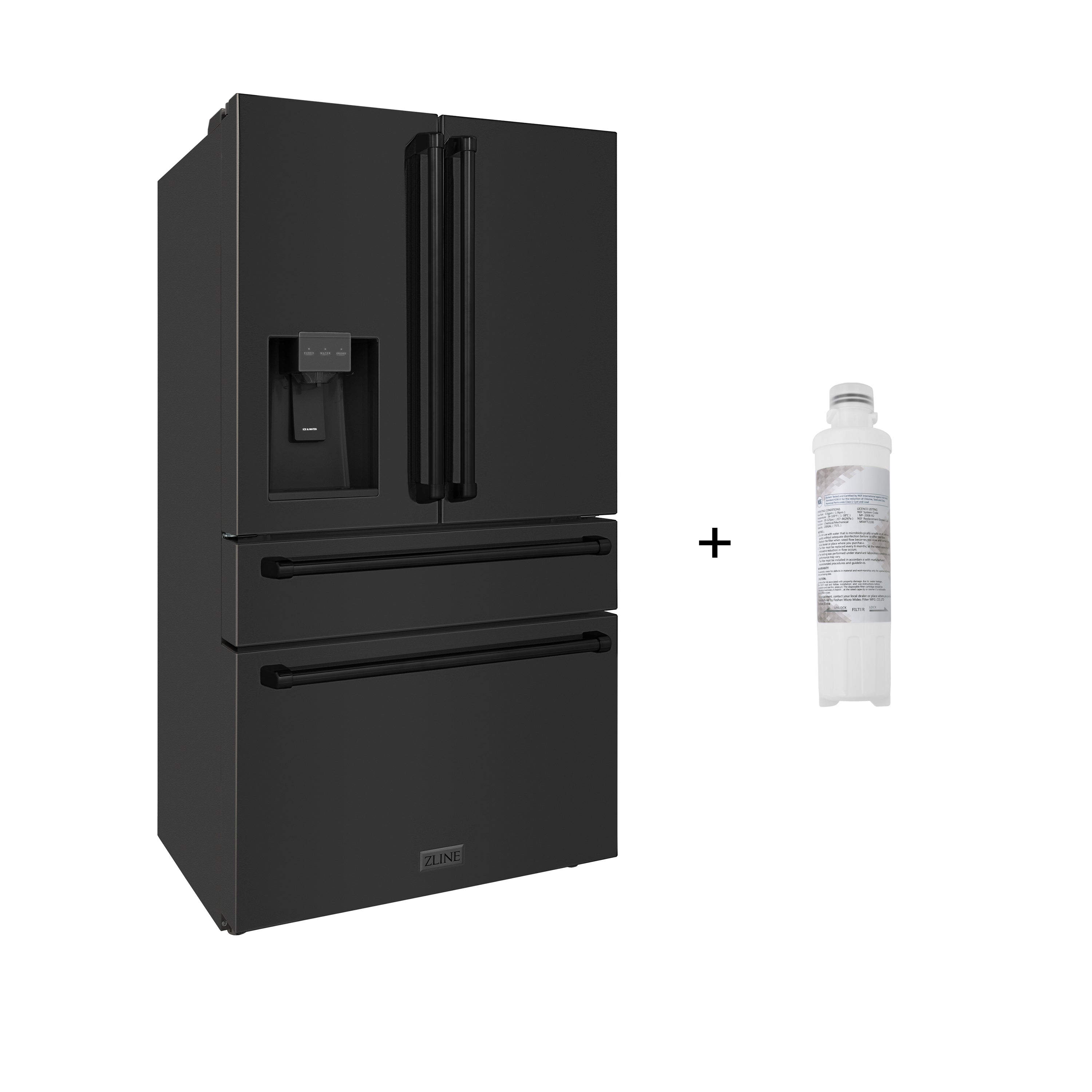 Black stainless French-door refrigerator with water and ice dispenser, side view plus filter