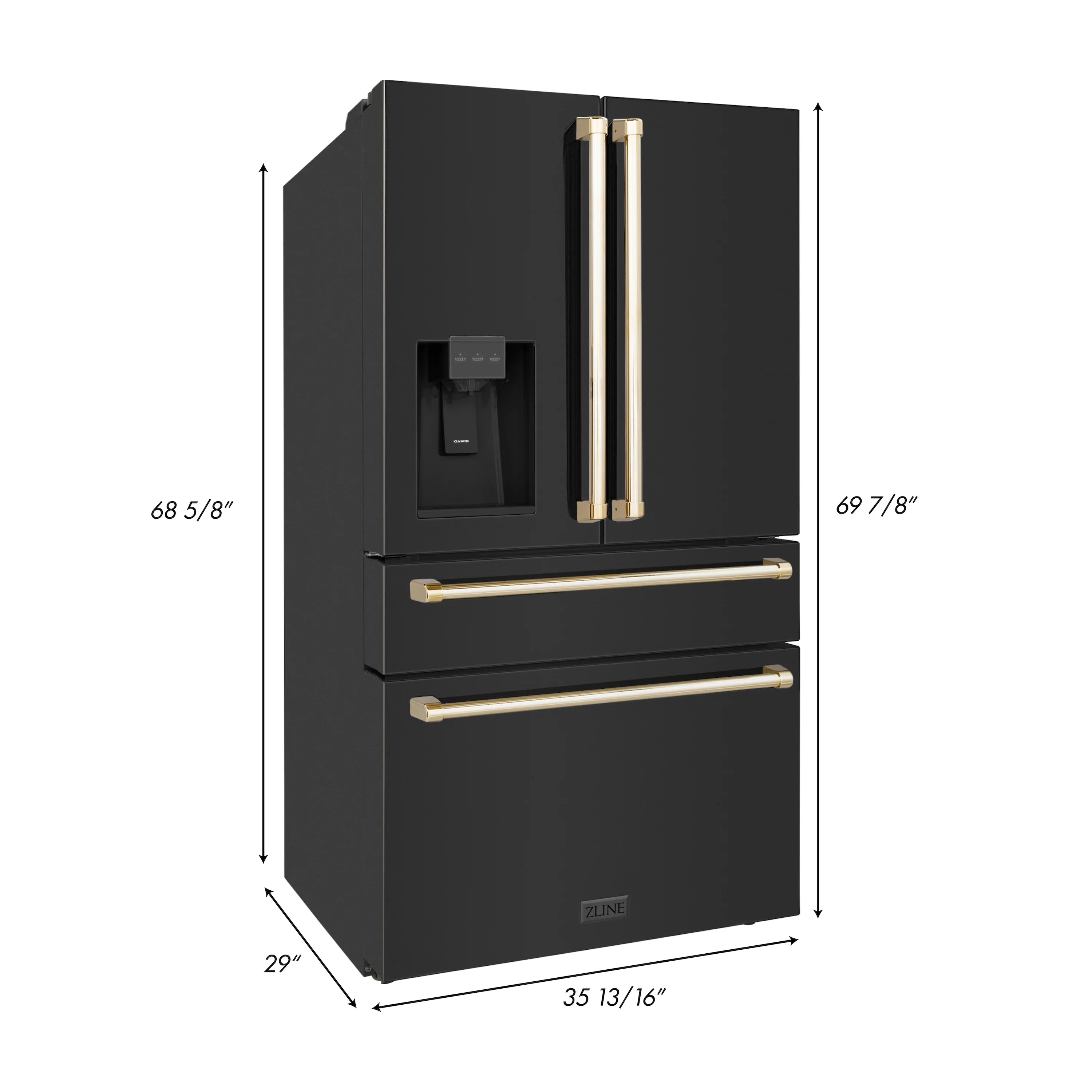 Black stainless refrigerator with gold handles, side view with size measurements