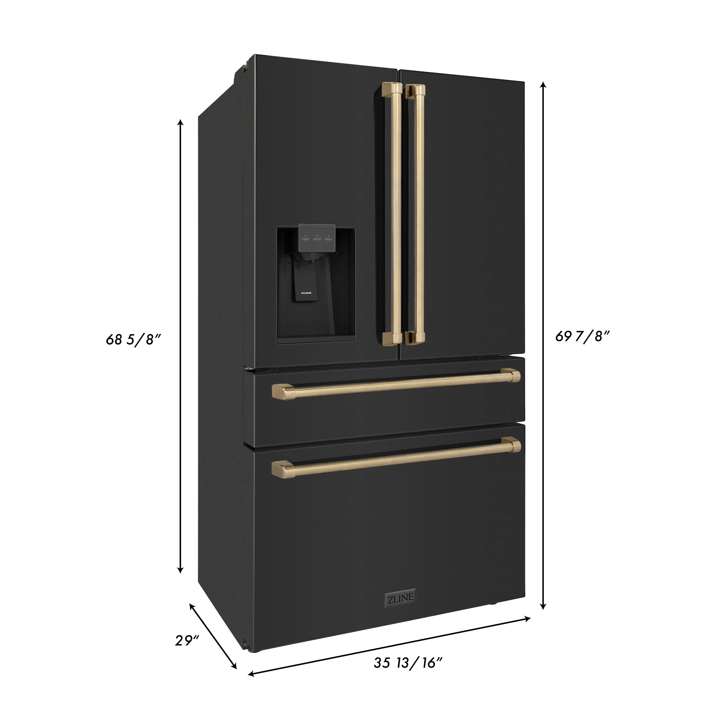 Black stainless refrigerator with water dispenser and champagne bronze handles