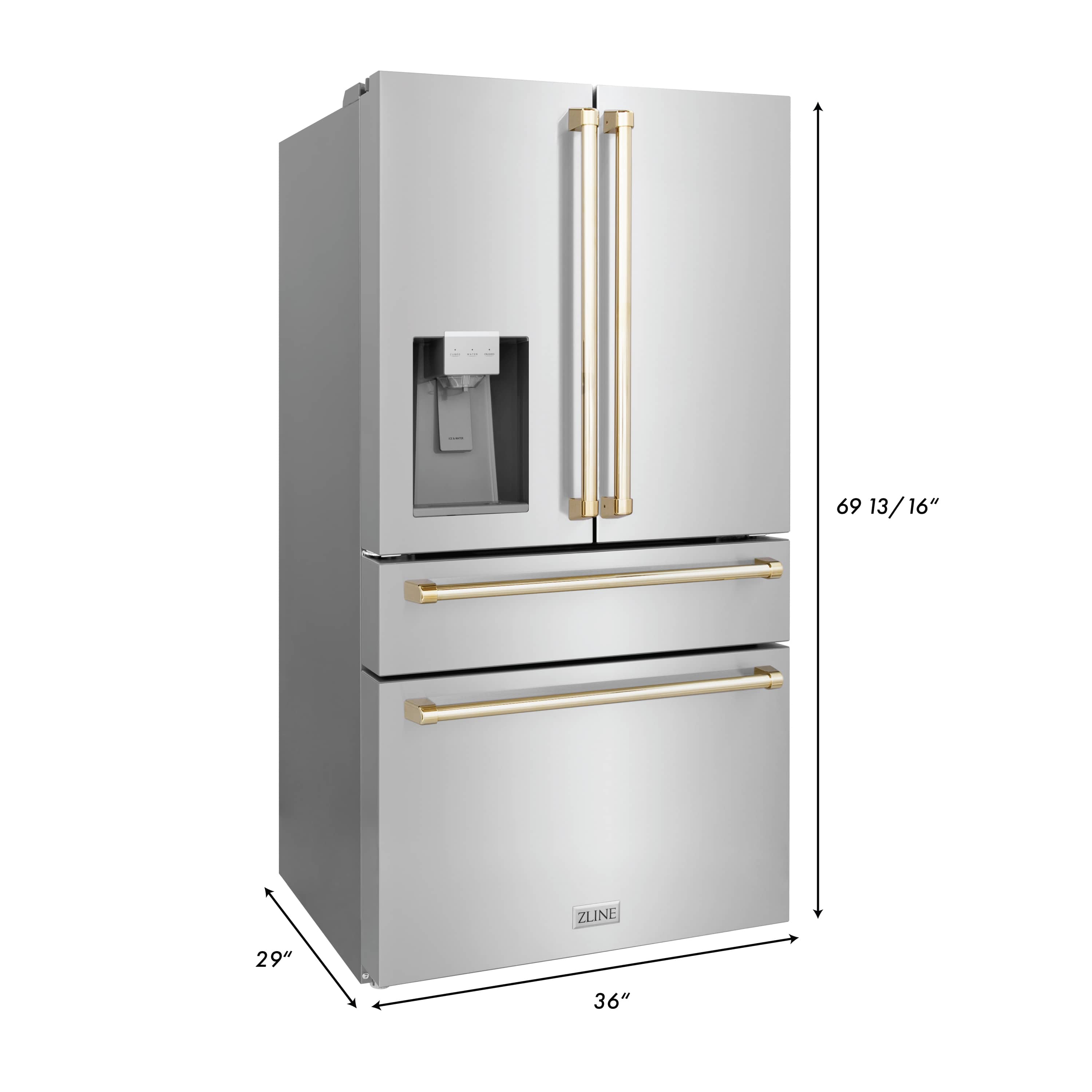 White top-freezer refrigerator with gold bar handles and dispenser panel on the door