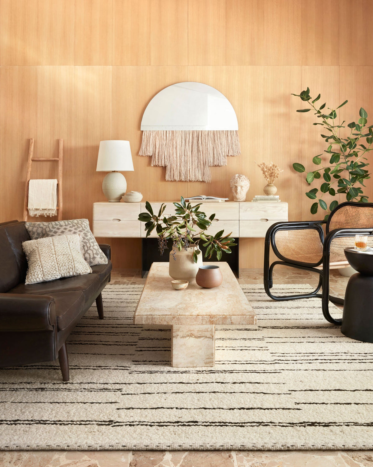 Contemporary area rug in natural cream with charcoal horizontal lines, full view