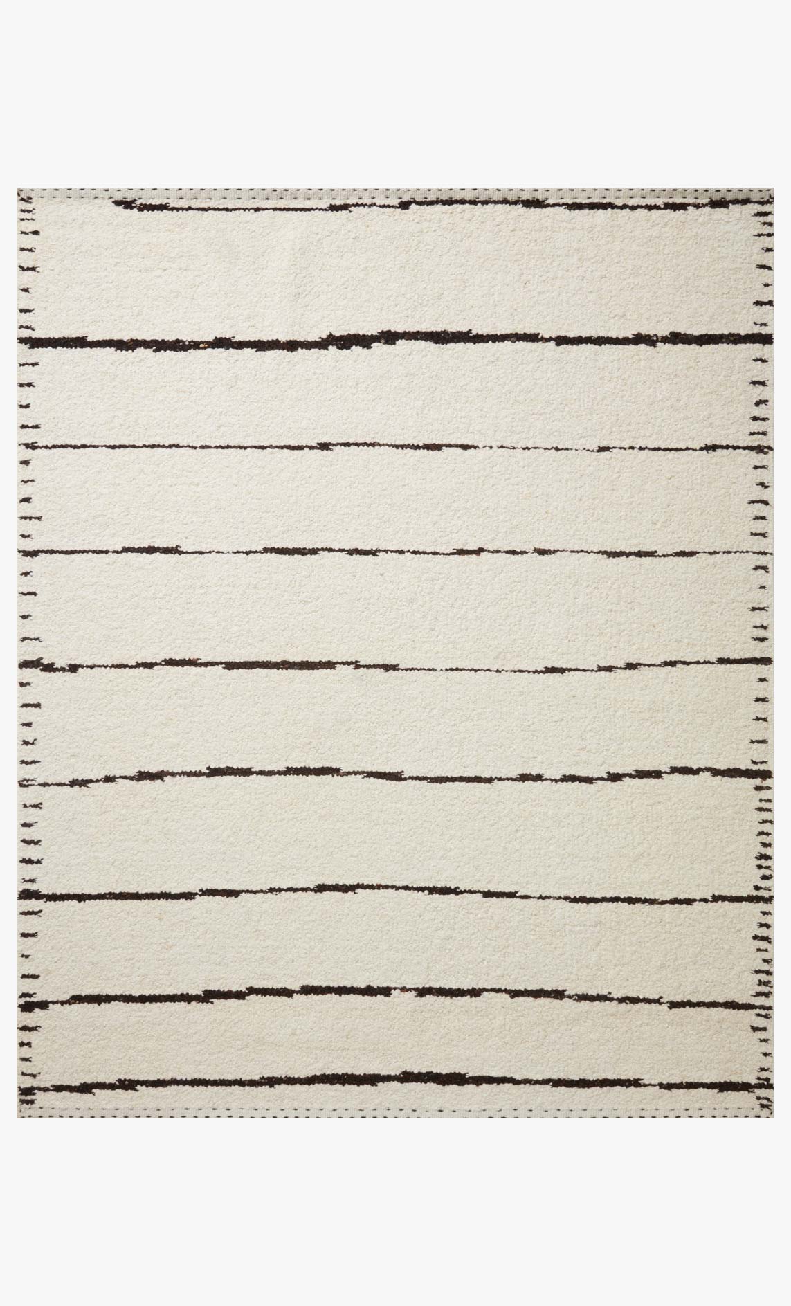 Ivory hand-woven rug with horizontal black stripes and stitched fringe border