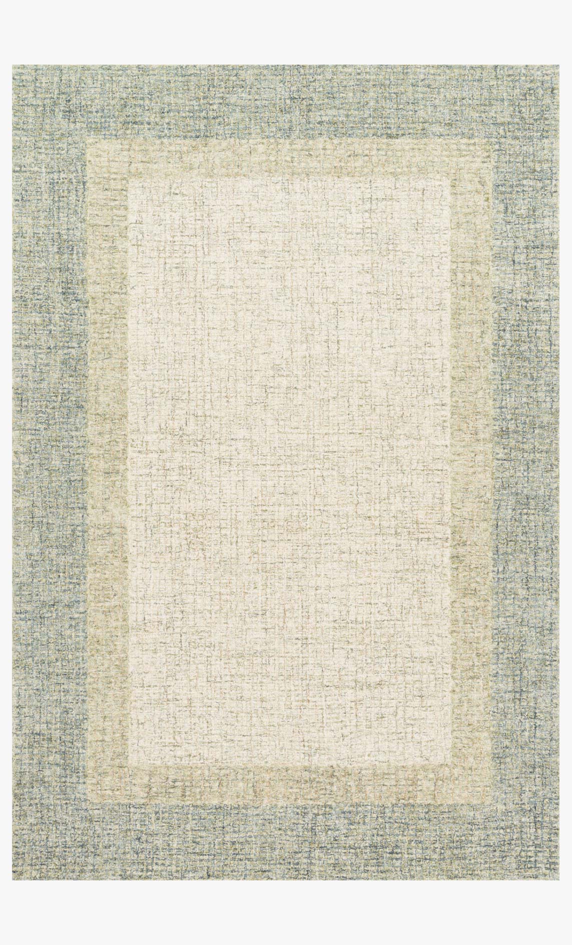 Contemporary hand-tufted rug, cream center with muted teal/olive border, rectangular