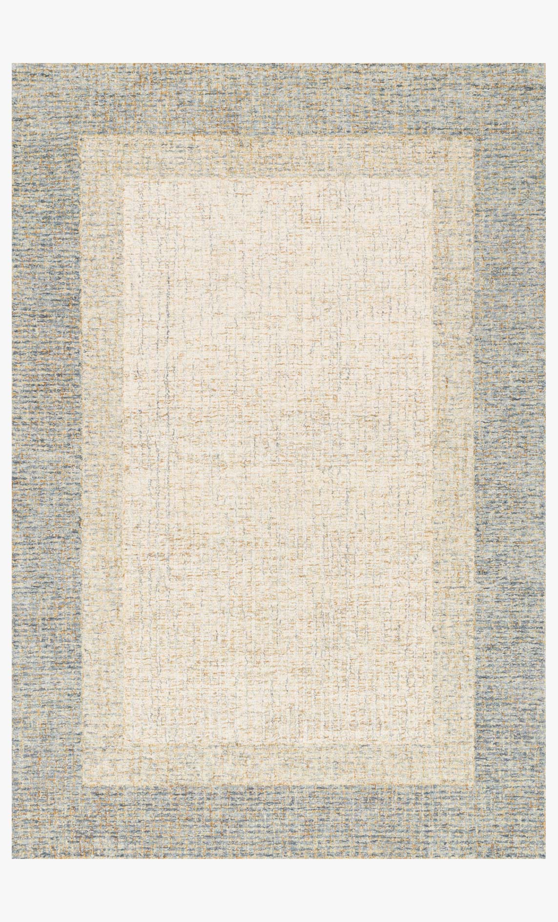 Sand hand-tufted rug with blue-gray border and subtle distressed pattern