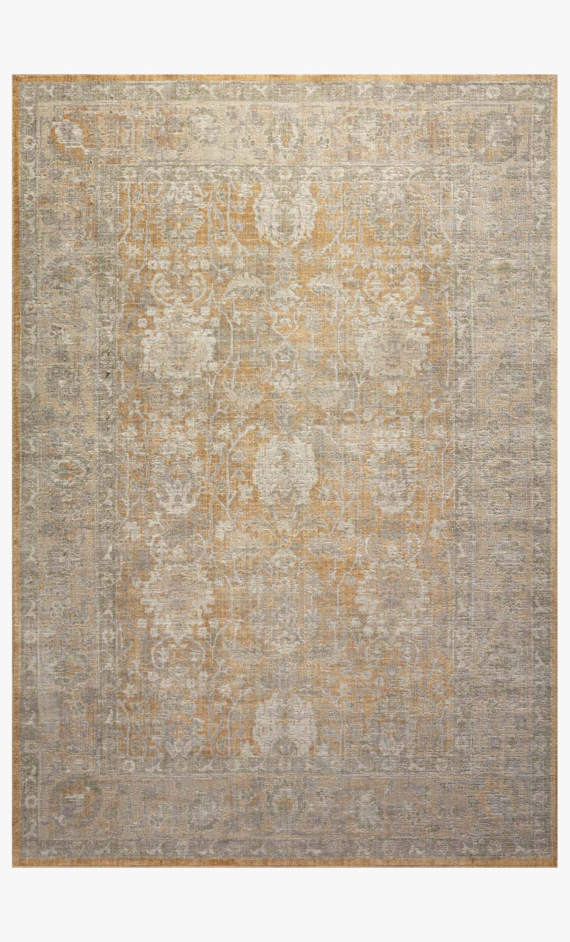 Gold and sand traditional area rug with distressed ornate pattern, bordered edges