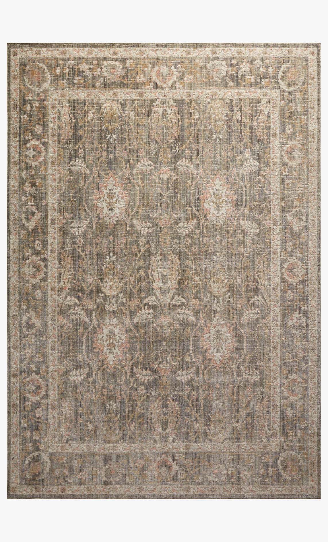 Traditional sage and blush area rug with ornate distressed medallion and border.