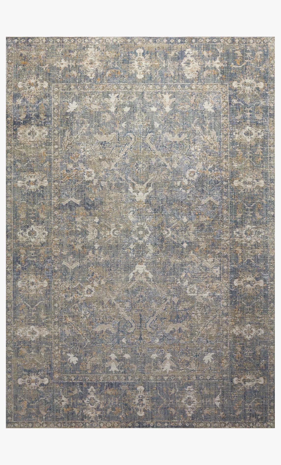 Traditional power-loomed rug with distressed medallion pattern in sand and blue tones