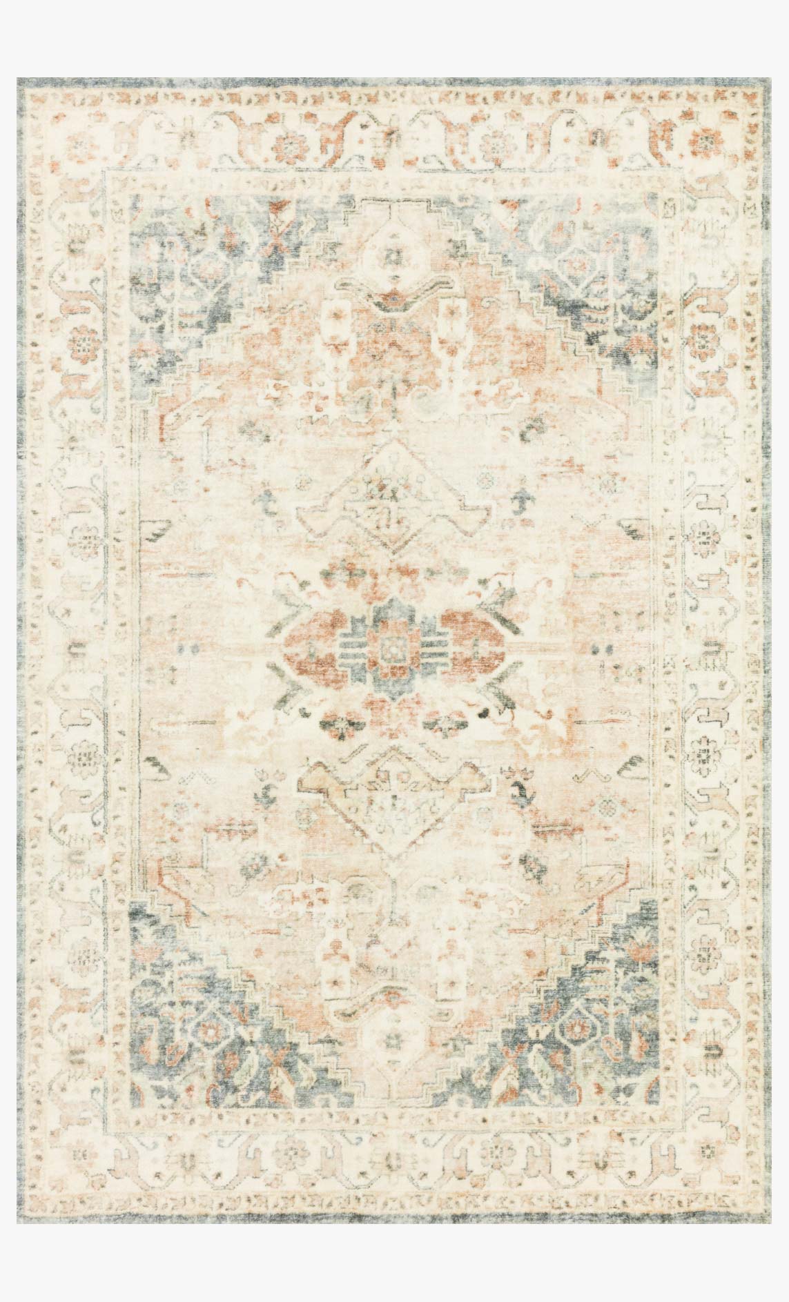 Traditional power-loomed area rug with faded medallion pattern in clay and ivory