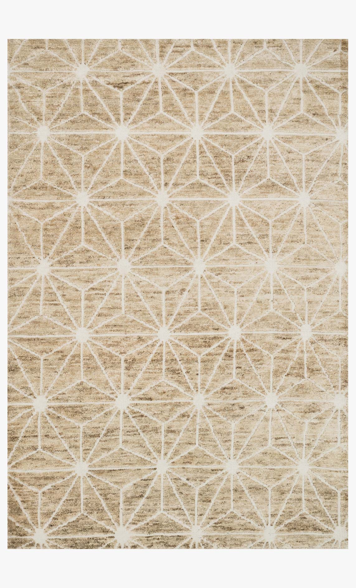 Ivory hand-knotted transitional rug with white geometric star lattice pattern