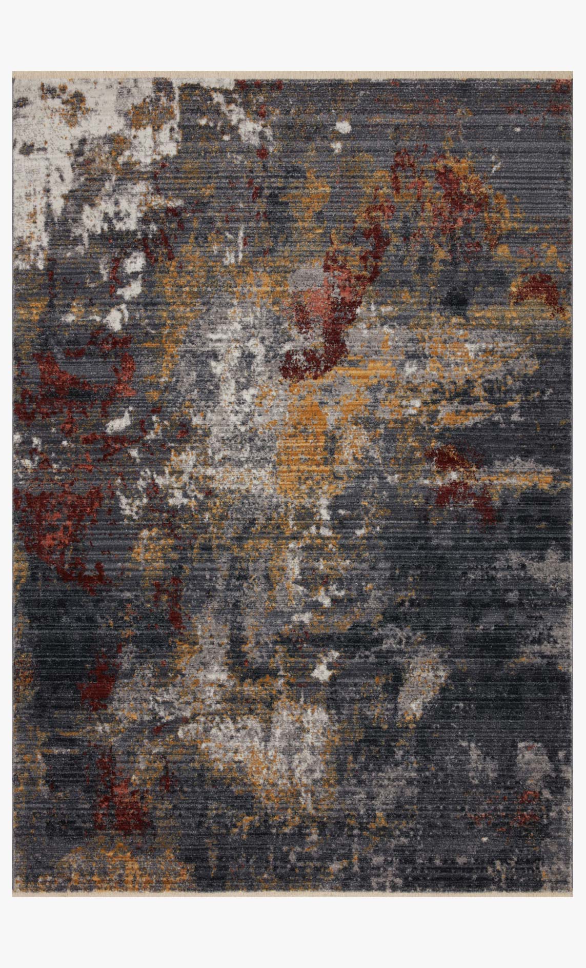 Transitional power loomed rug with abstract pattern in dark grey and spice tones