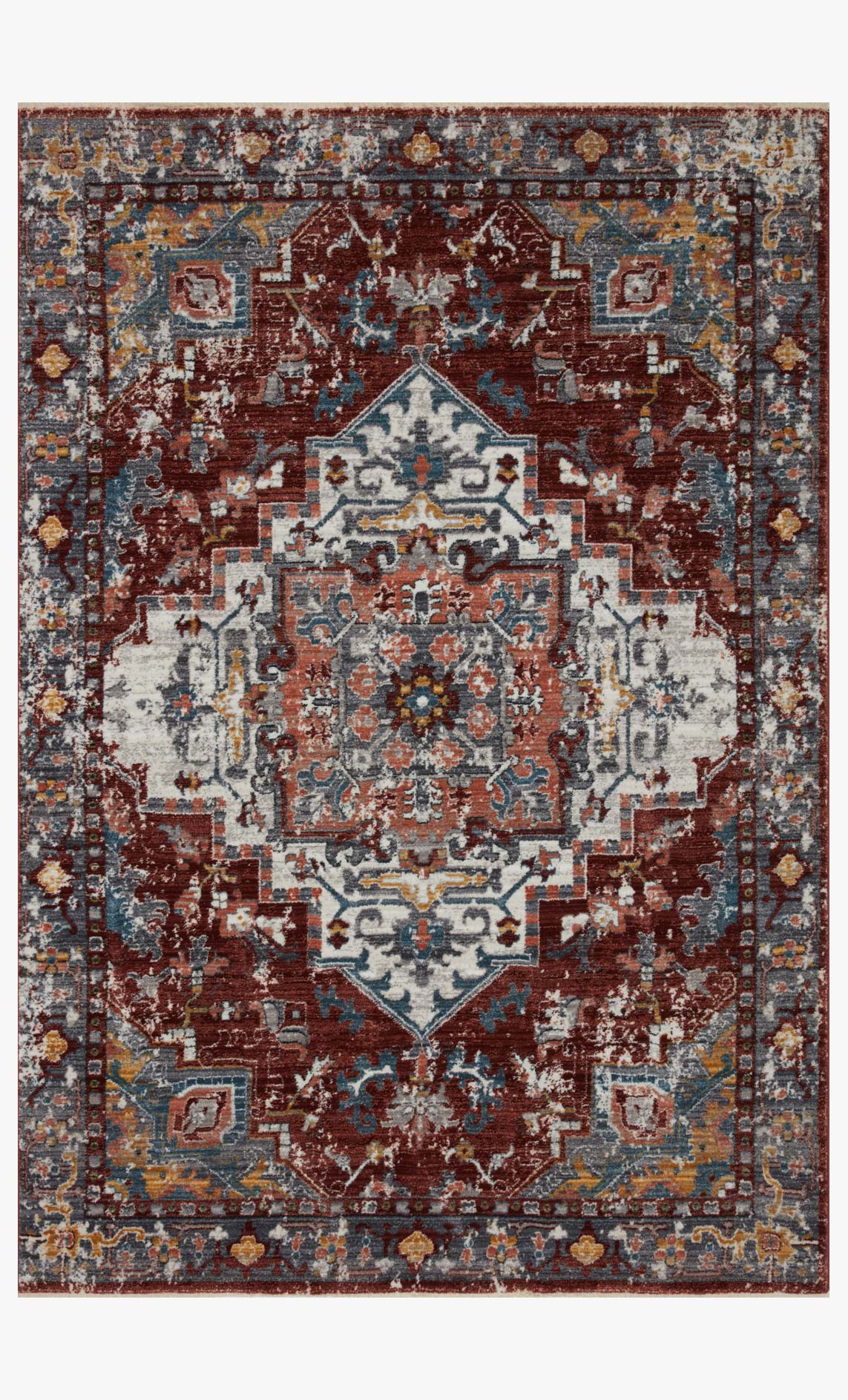 Transitional power-loomed rug with brick and grey distressed medallion pattern