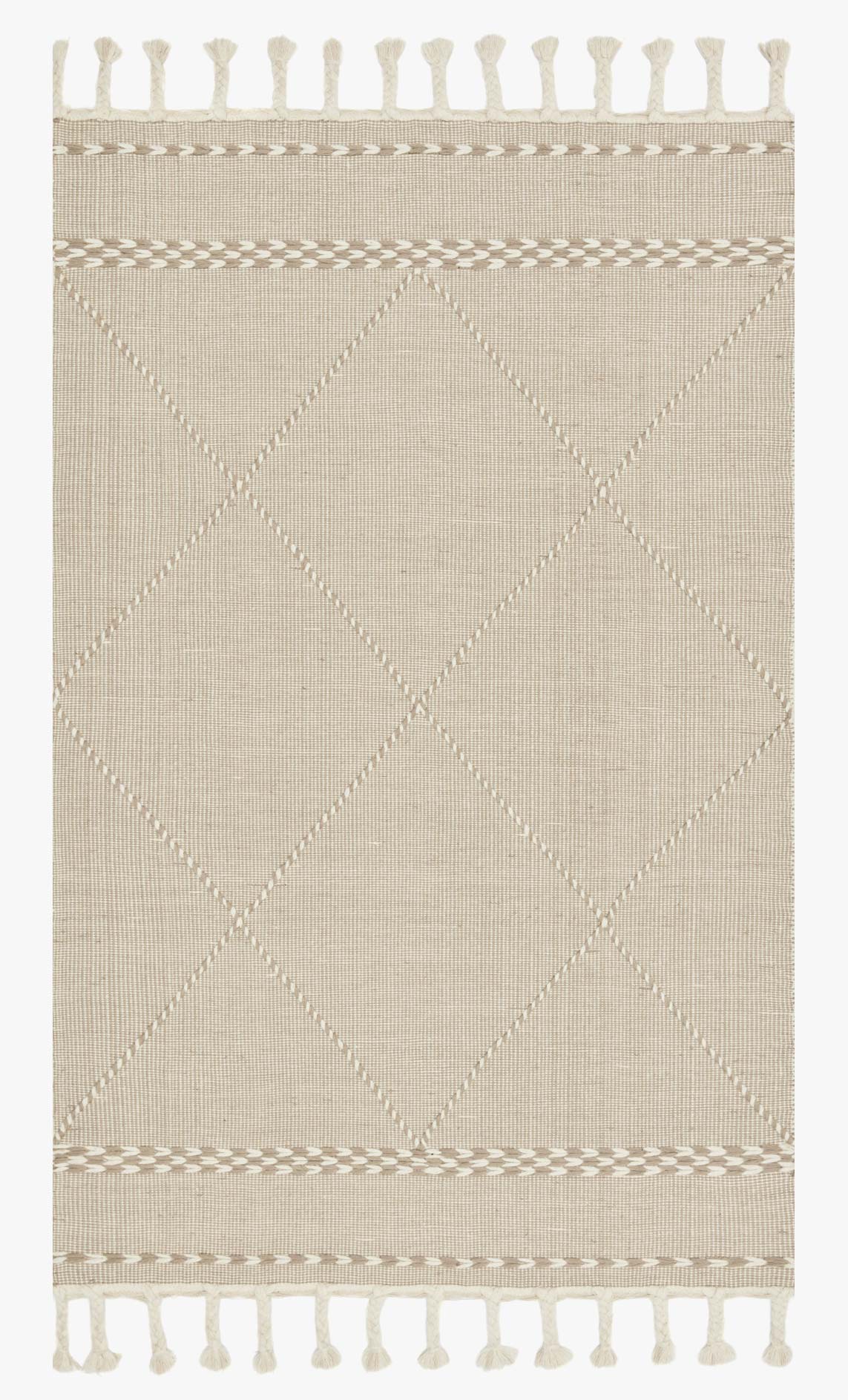 Sand beige hand-loomed rug with diamond lattice pattern and short fringe border