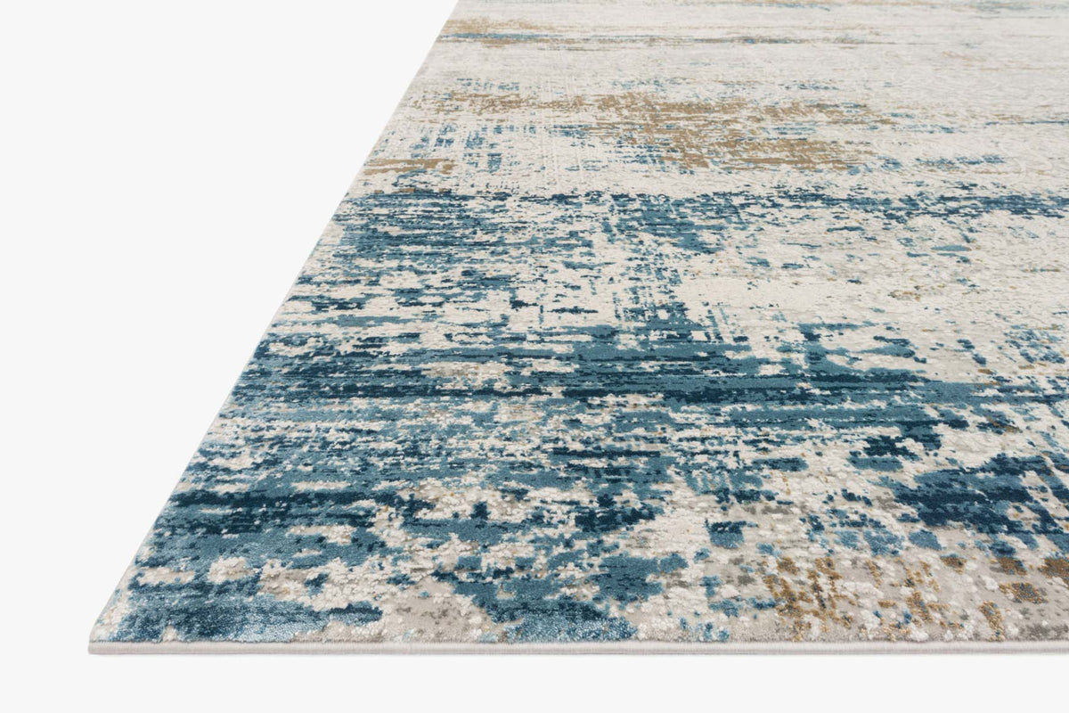 Ivory and azure abstract distressed rug corner, textured power loomed weave
