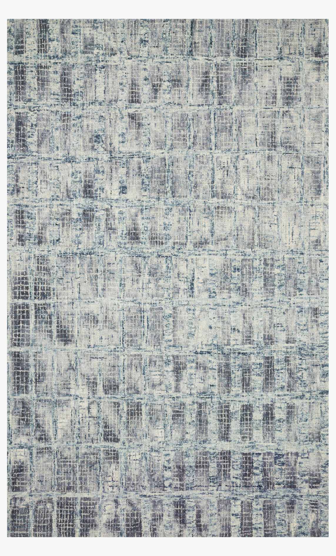 Blue contemporary hooked rug with textured abstract grid pattern and distressed finish