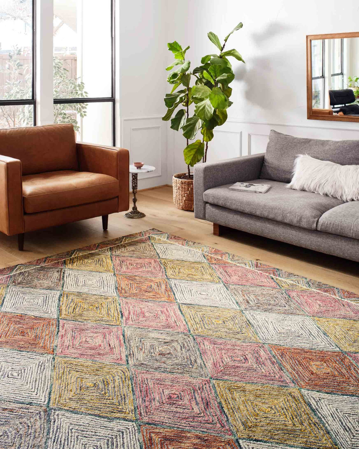 Contemporary hooked area rug with multicolor geometric square-and-diamond motif