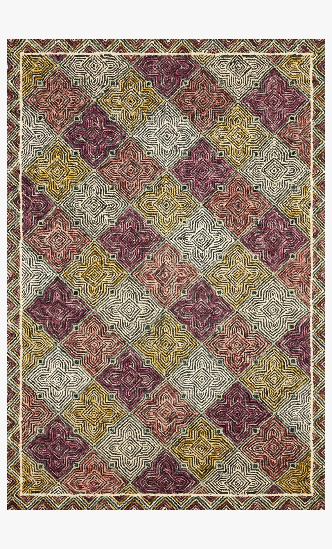 Contemporary hooked rug with multicolor geometric pattern and bordered edges.