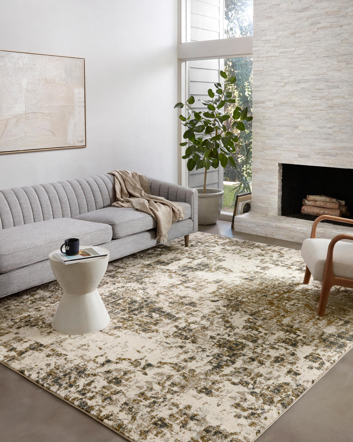 Rectangular abstract area rug, light beige with pewter and olive flecks