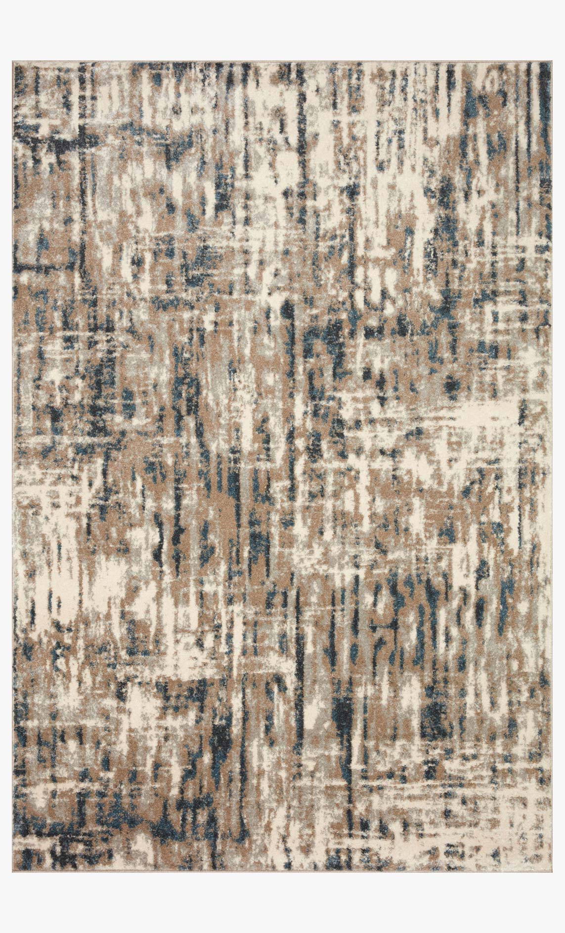 Rectangular contemporary rug with distressed abstract pattern in stone and blue