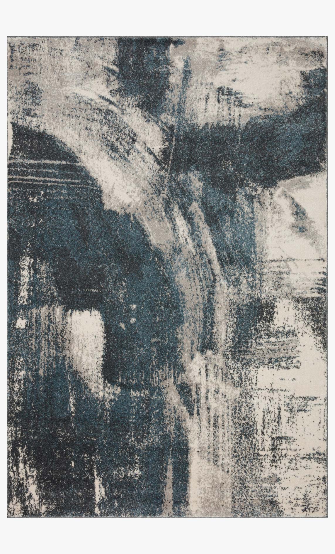 Indigo and ivory power-loomed rug with distressed abstract pattern, rectangular.
