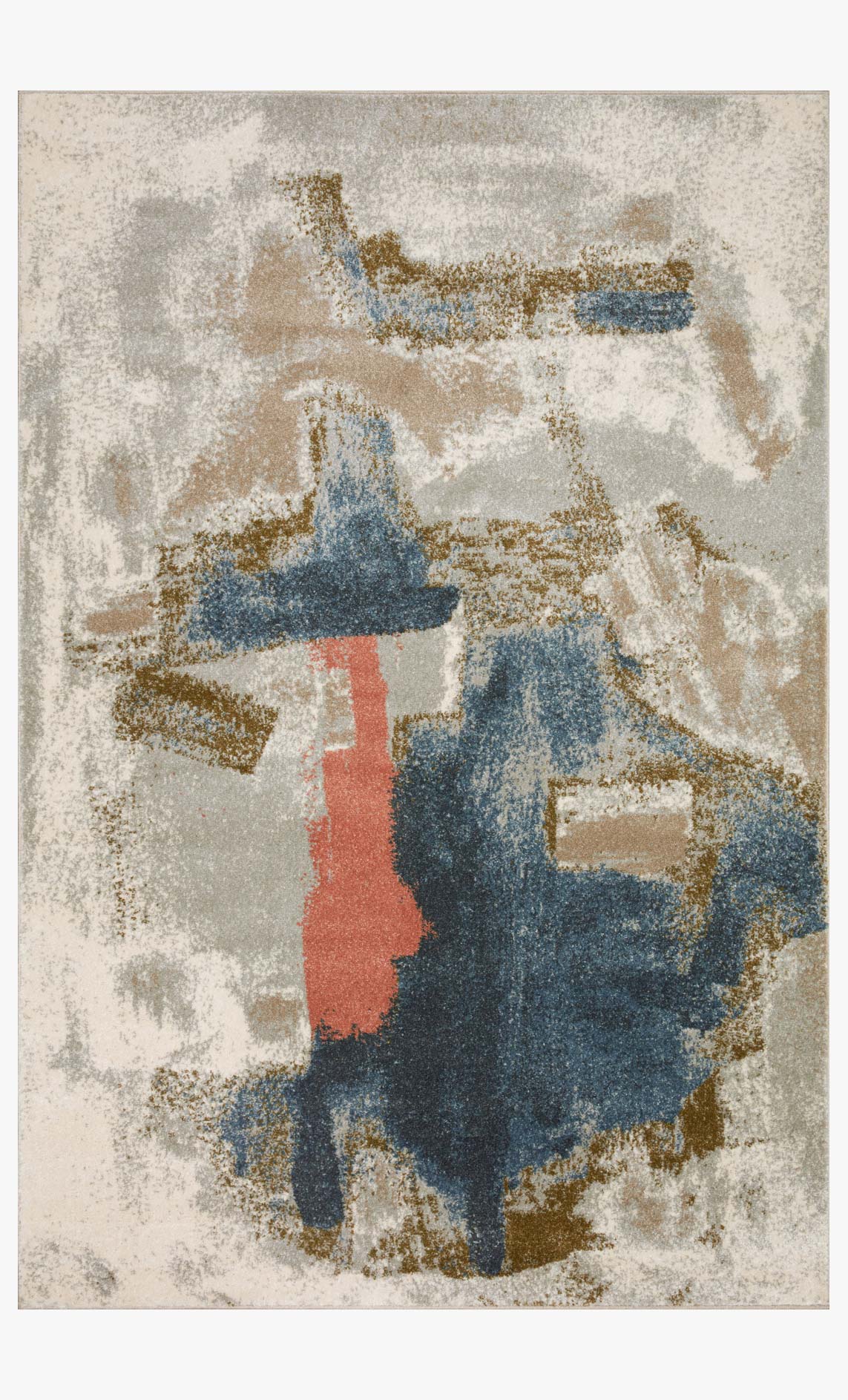 Stone abstract power-loomed rug with blue, teal, and rust blocks in a distressed pattern.