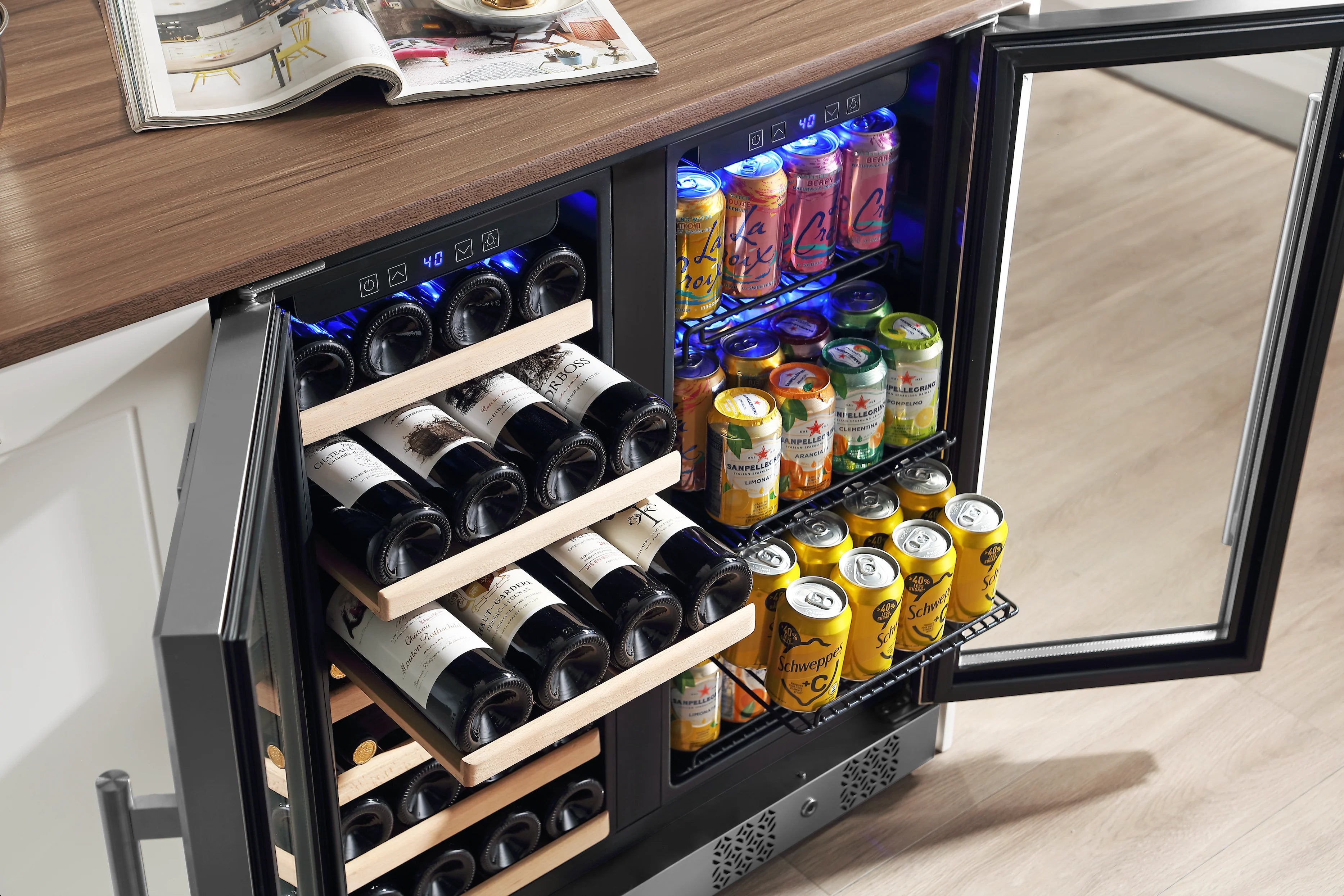 Installed wine cooler with dual zones open: bottles on left, cans on right