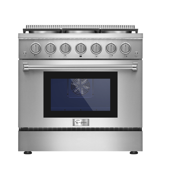 Stainless steel single gas oven range with front control knobs and oven window