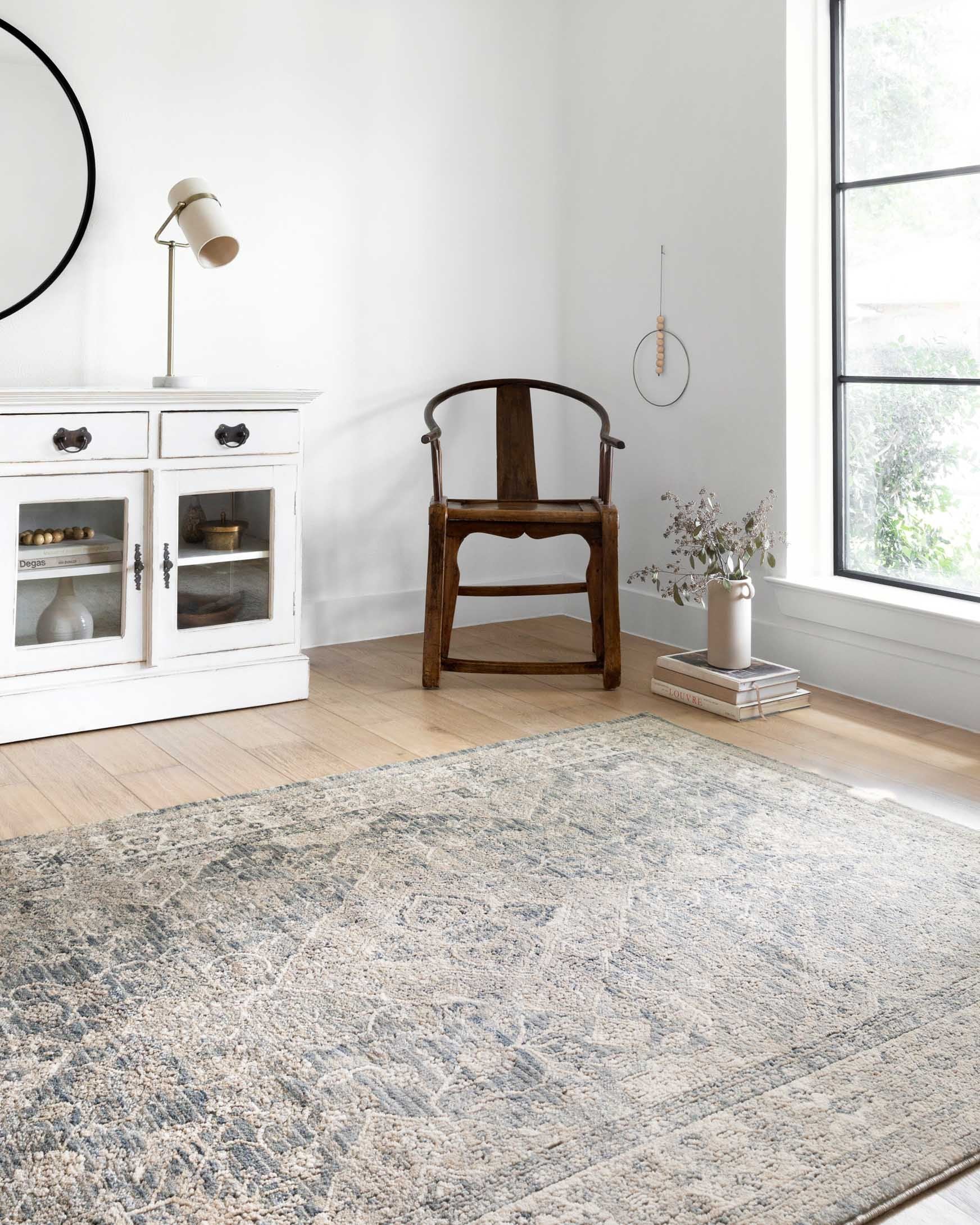 Sky and natural patterned power-loomed area rug with distressed texture and border