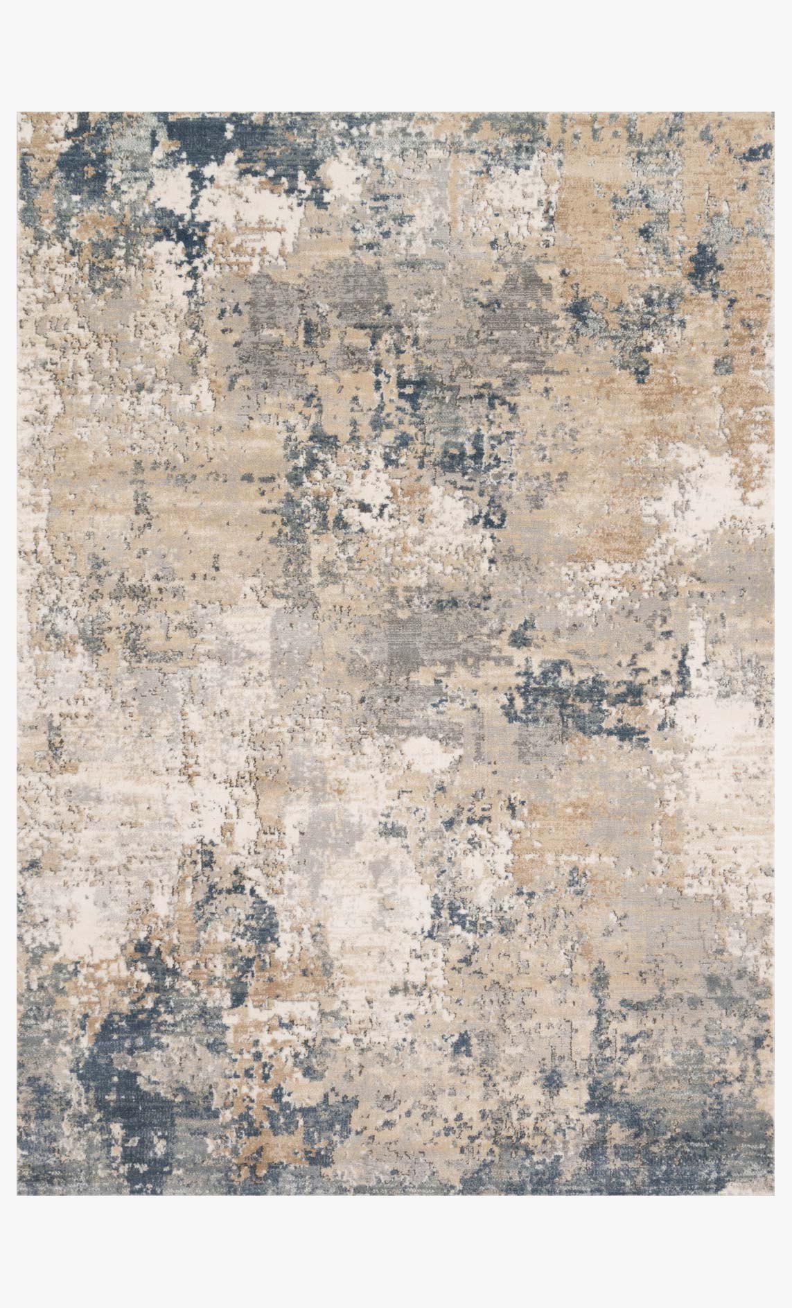Power-loomed area rug with sand and mist abstract distressed pattern, rectangular.