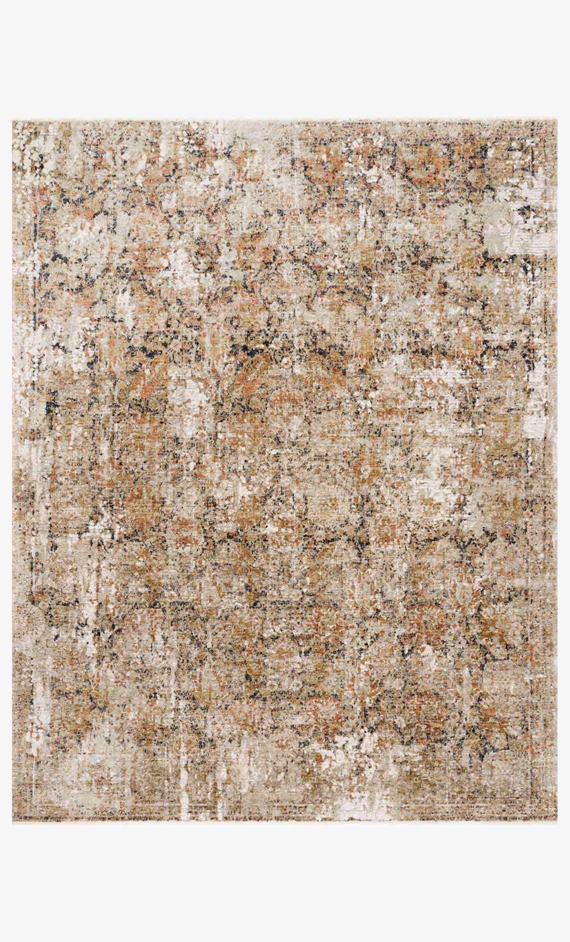 Area rug in taupe and gold with textured multicolor speckle and distressed pattern