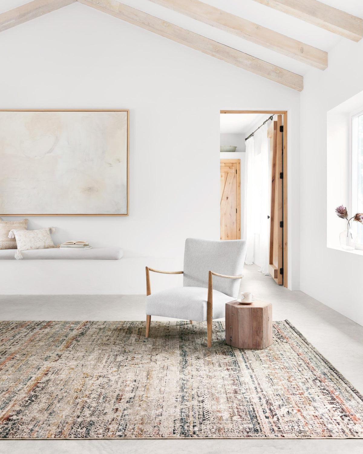 Taupe multicolor abstract area rug with short flatweave texture