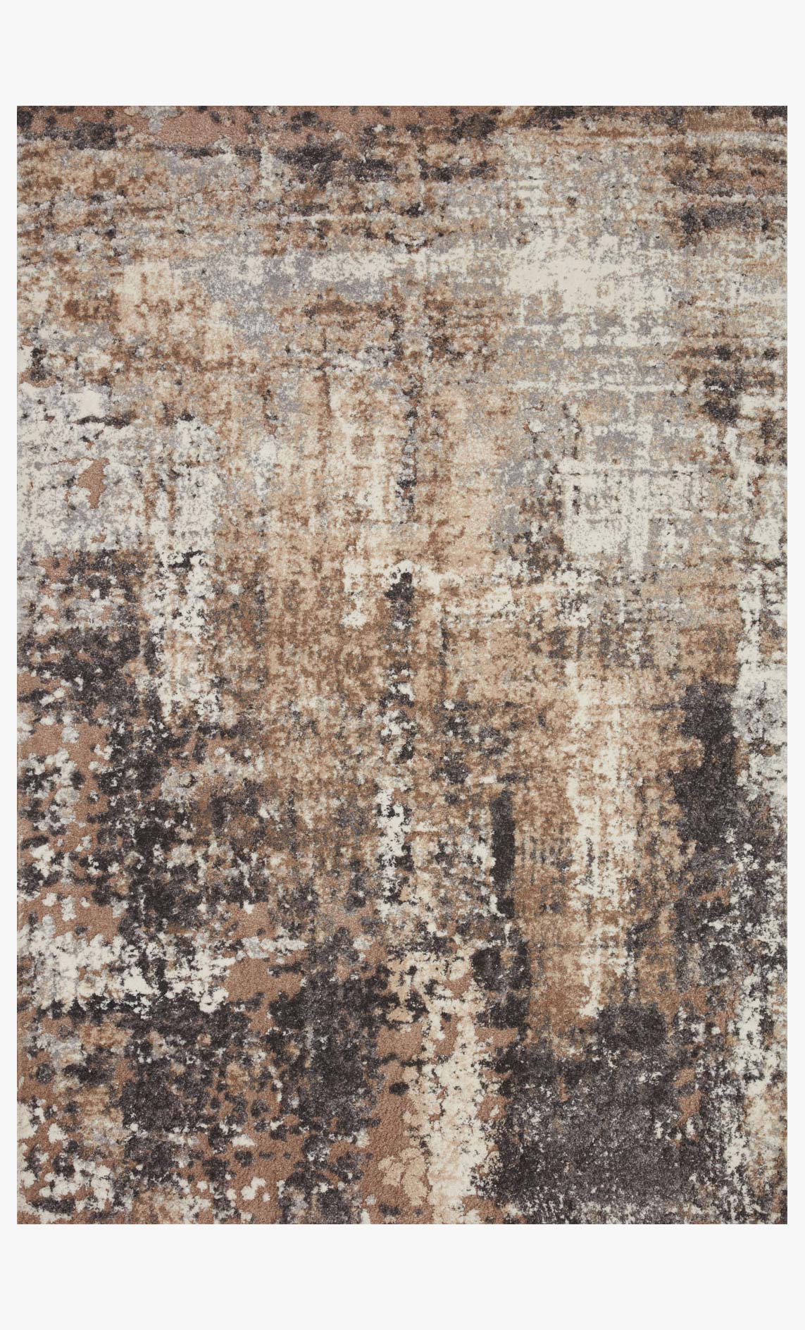 Taupe and gray transitional area rug with abstract distressed pattern, flatwoven texture.