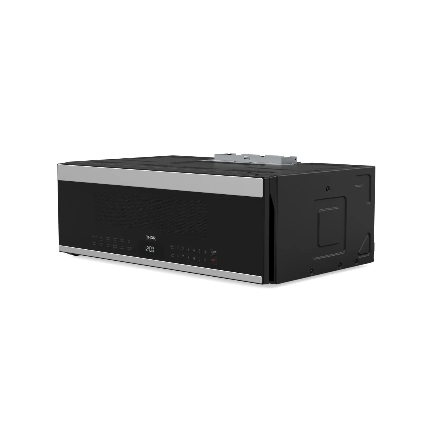 Over-the-range microwave oven in black with vent controls and side handle