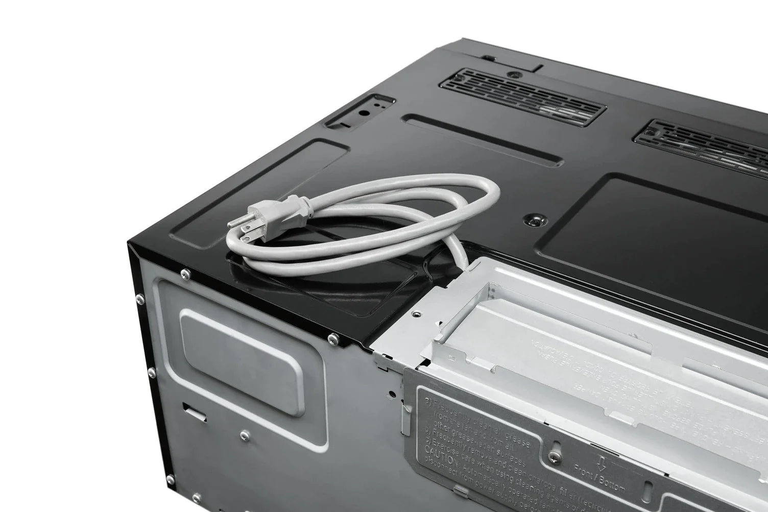 Over-the-range microwave rear interior view with power cord and access panel details.