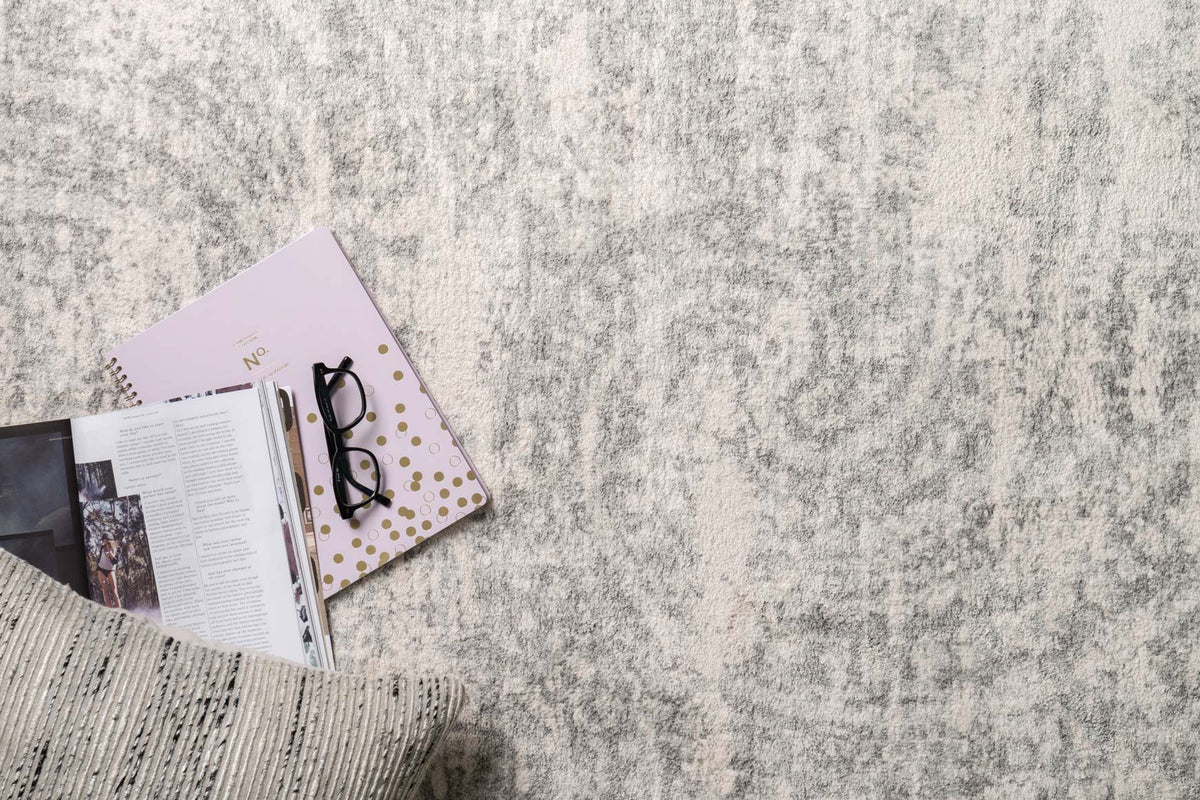 Loloi Torrance rug corner with light grey distressed texture and short pile