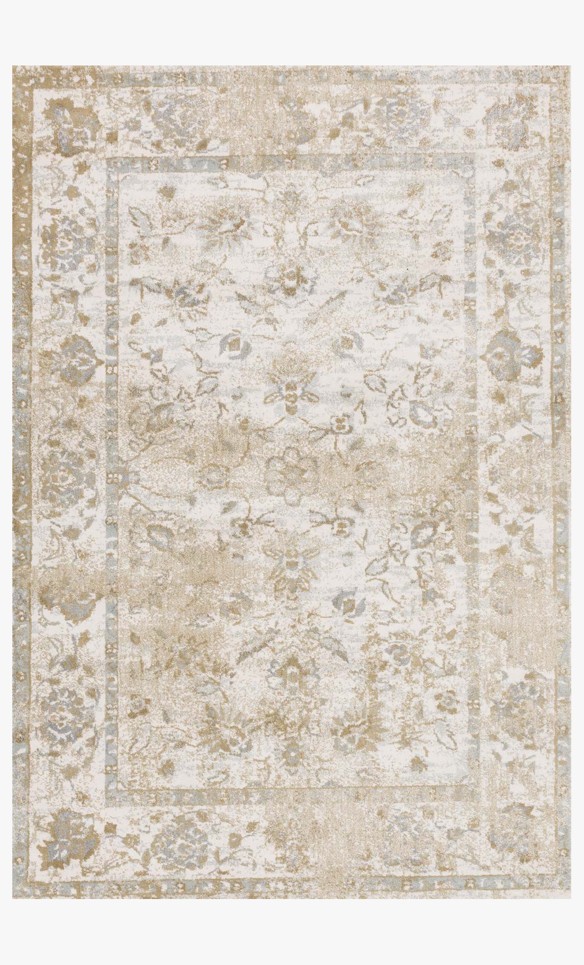 Ivory transitional power-loomed rug with distressed floral medallion pattern