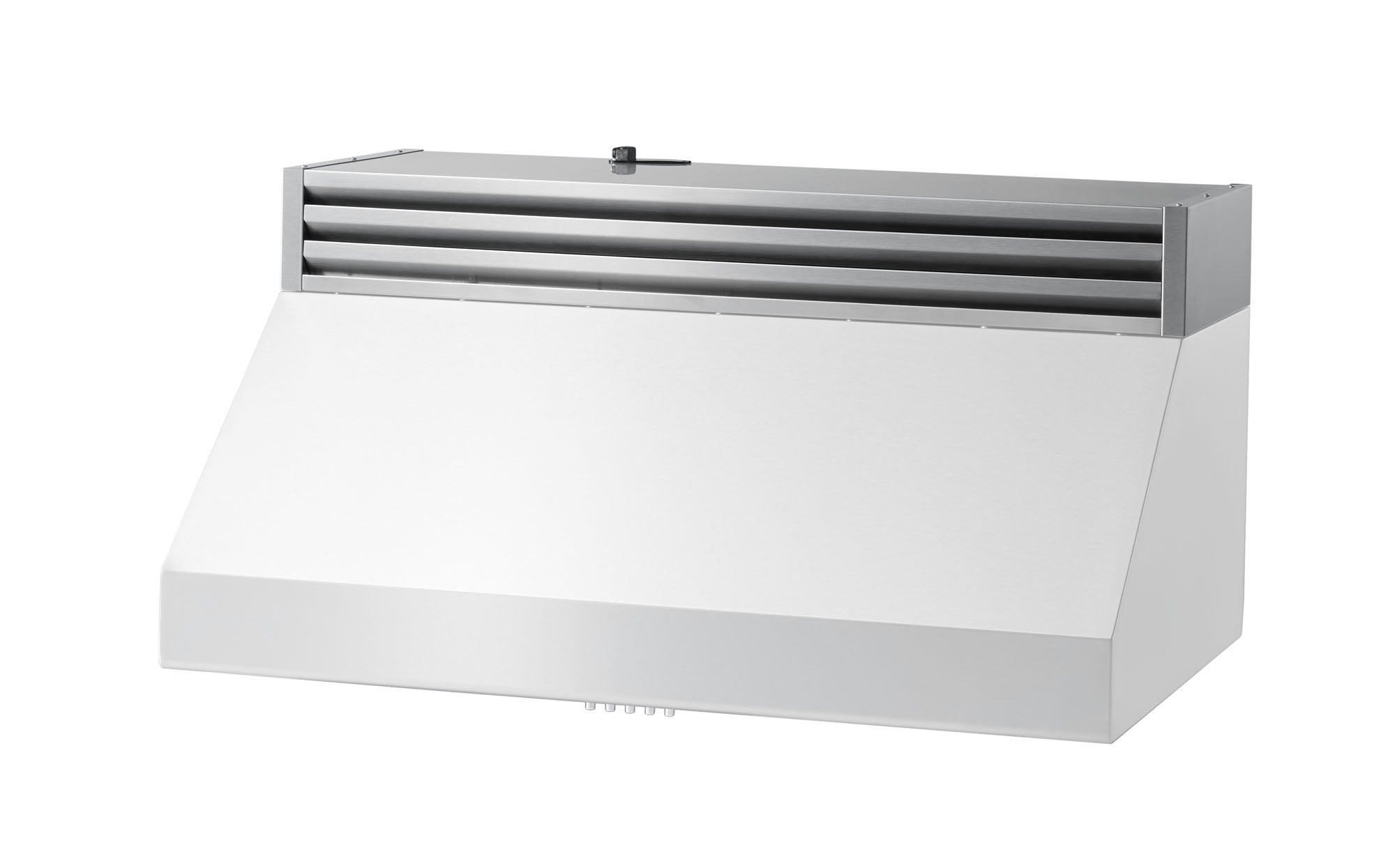 Under-cabinet recirculating kit silver metal housing with horizontal louvers