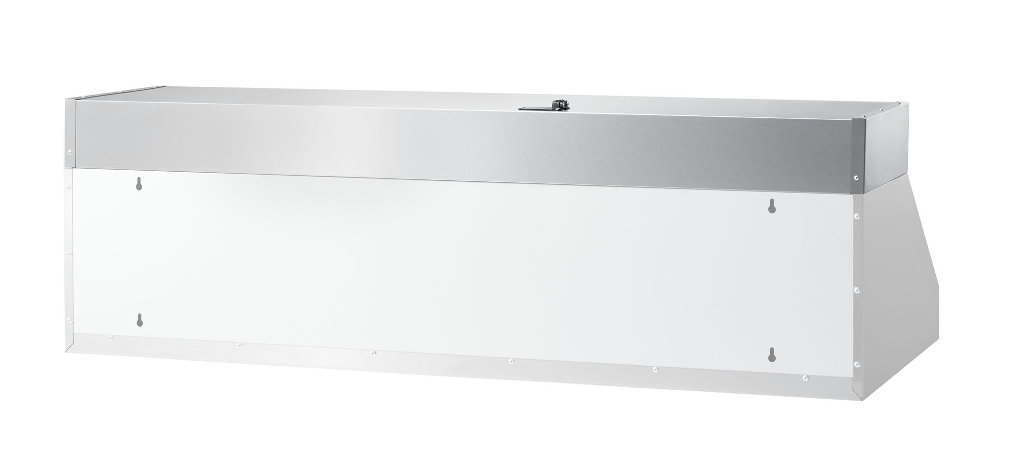 Silver recirculating kit housing with side mounting tabs, under-cabinet range hood