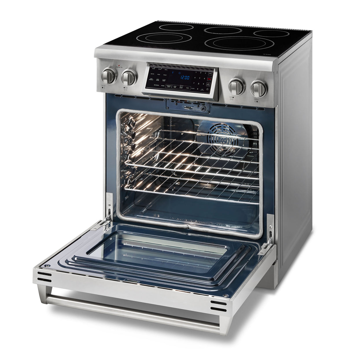 Stainless steel electric range with oven door open showing wire racks